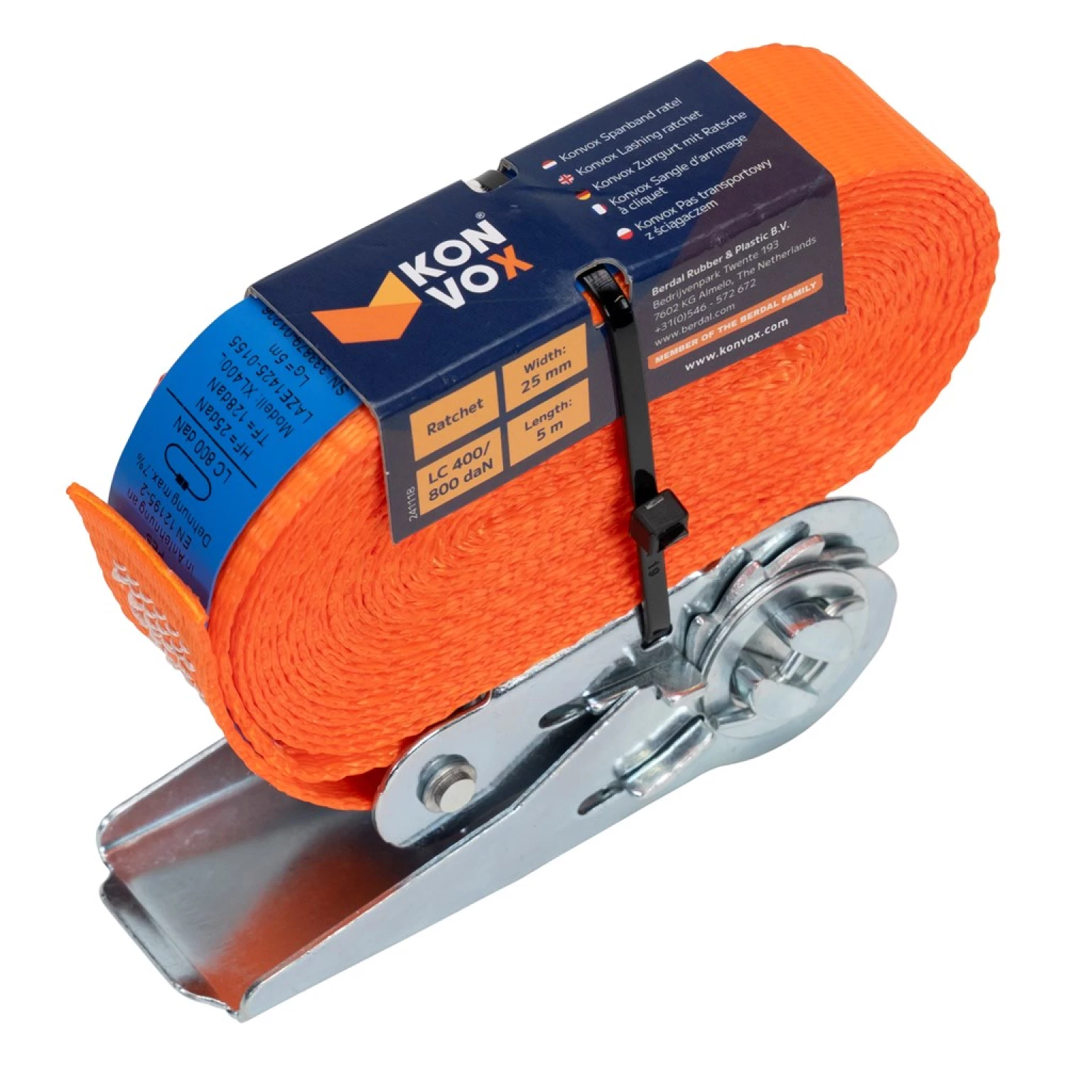 Konvox LAZE1425-0155 Spanband eindloos met ratelgesp CD - 5m x 25mm - 800 daN - Oranje-image