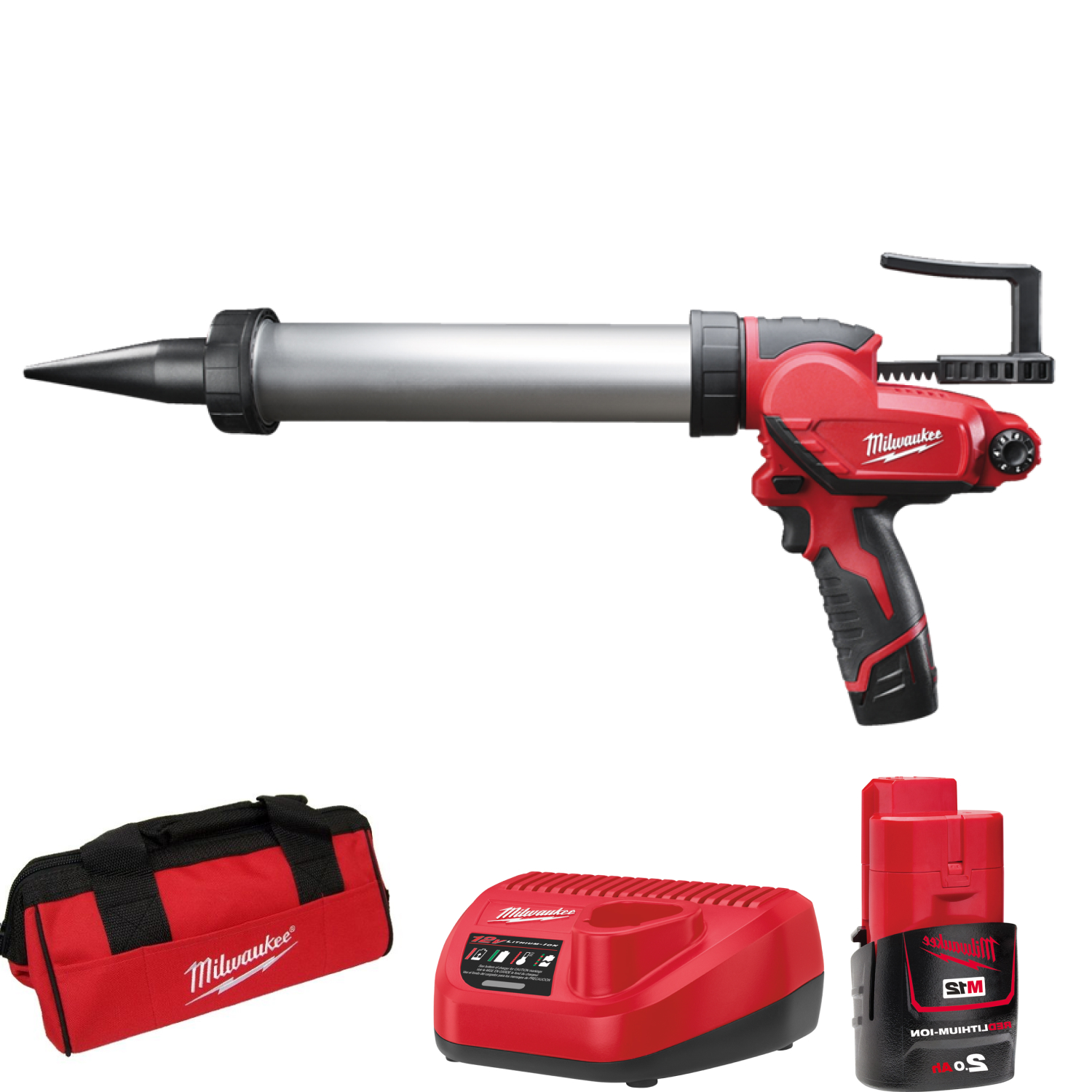 Milwaukee M12 PCG/400A-201B 12V Li-Ion Accu lijm- en kitspuit set (1x 2.0Ah accu) incl. worsthouder in tas-image