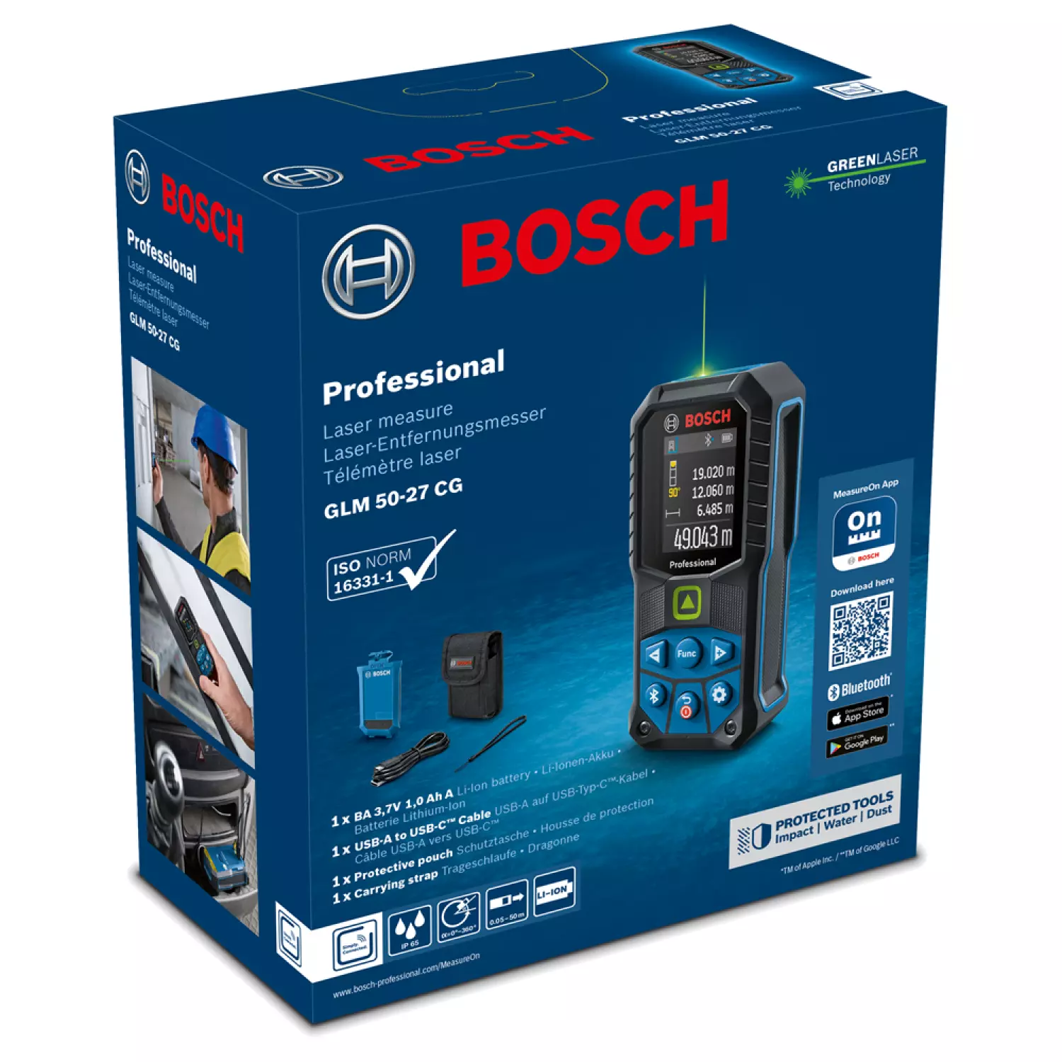 Bosch 0601072U01 - Télémètre laser GLM 50-27 CG, BA 3.7V 1.0Ah A et câble USB-C™ 1 608 M00 C43, dragonne et housse de protection-image