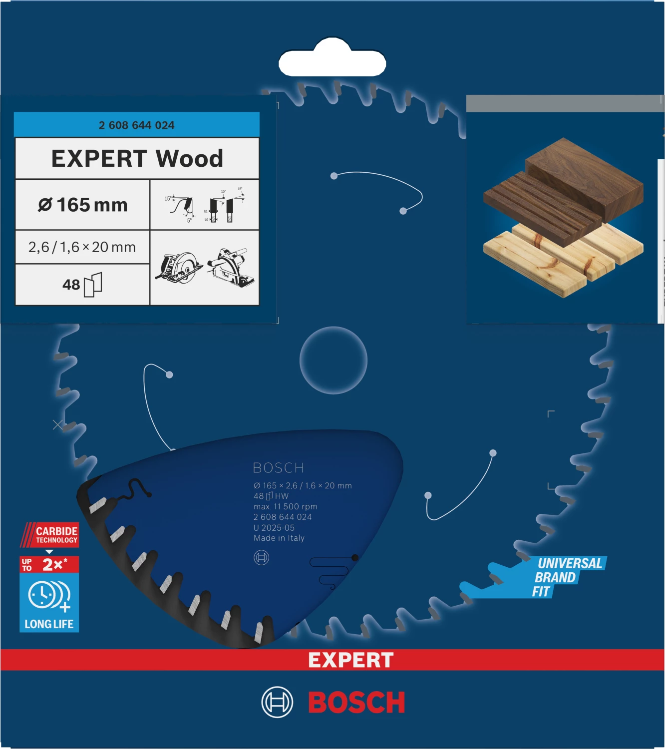 Bosch 2608644024 - Lame de Scie Circulaire Expert pour Wood, 165 x 20 x 2,6 mm, 48D-image