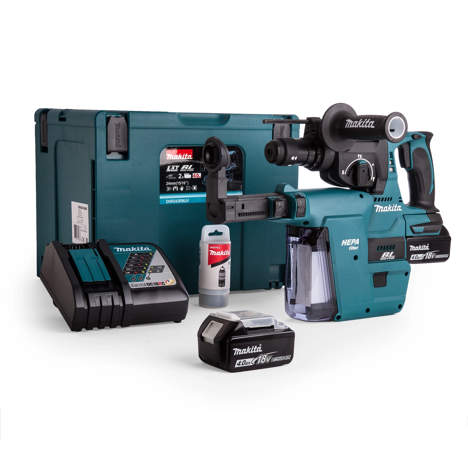 Makita DHR243RMJV 18V Li-Ion Accu SDS-plus combihamer incl. snelspanboorkop en stofafzuiging set (2x 4.0Ah accu) in Mbox - 2J - koolborstelloos-image