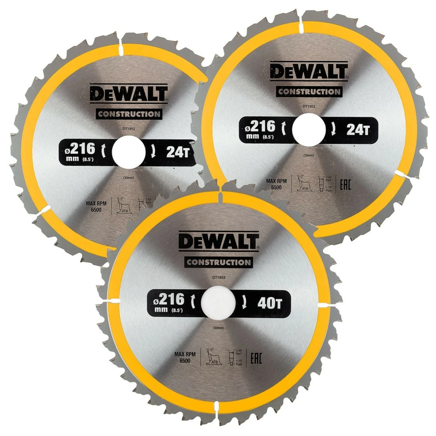 DeWALT DT1962 3-delige Construction Cirkelzaagbladen set - 216 x 30 x 24T / 40T - Hout (Met nagels)-image