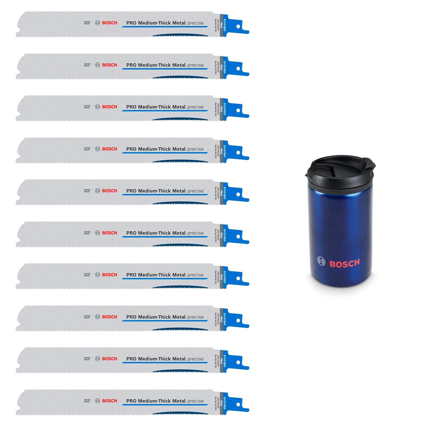 Bosch 0615997675 PRO Lames de scie alternative S1137BEF Medium-Thick Metal precise (10 pièces) + Mug Isotherm - 225 mm-image