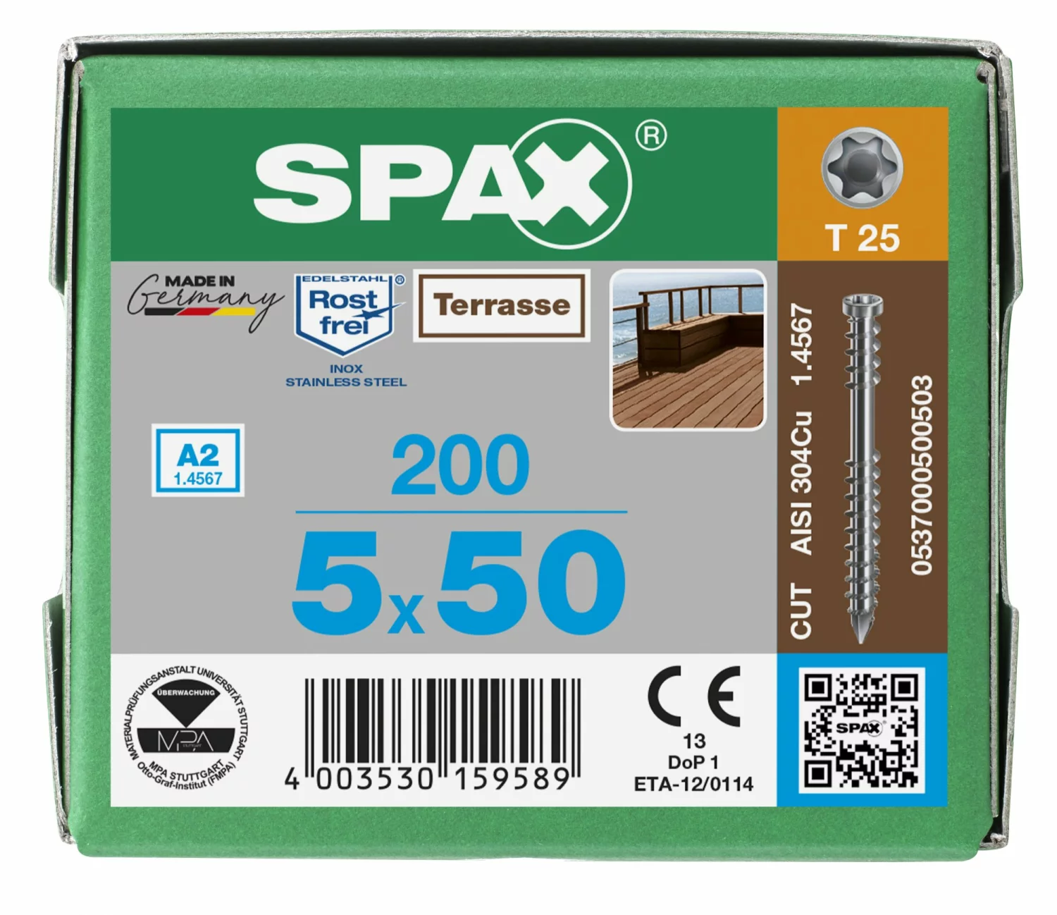 SPAX 537000500503 - Vis terrasse, 5 x 50 mm, 200 pièces, Filetage de fixation, Tête cylindrique, T-STAR plus T25, Pointe CUT, Acier inoxydable A2-image