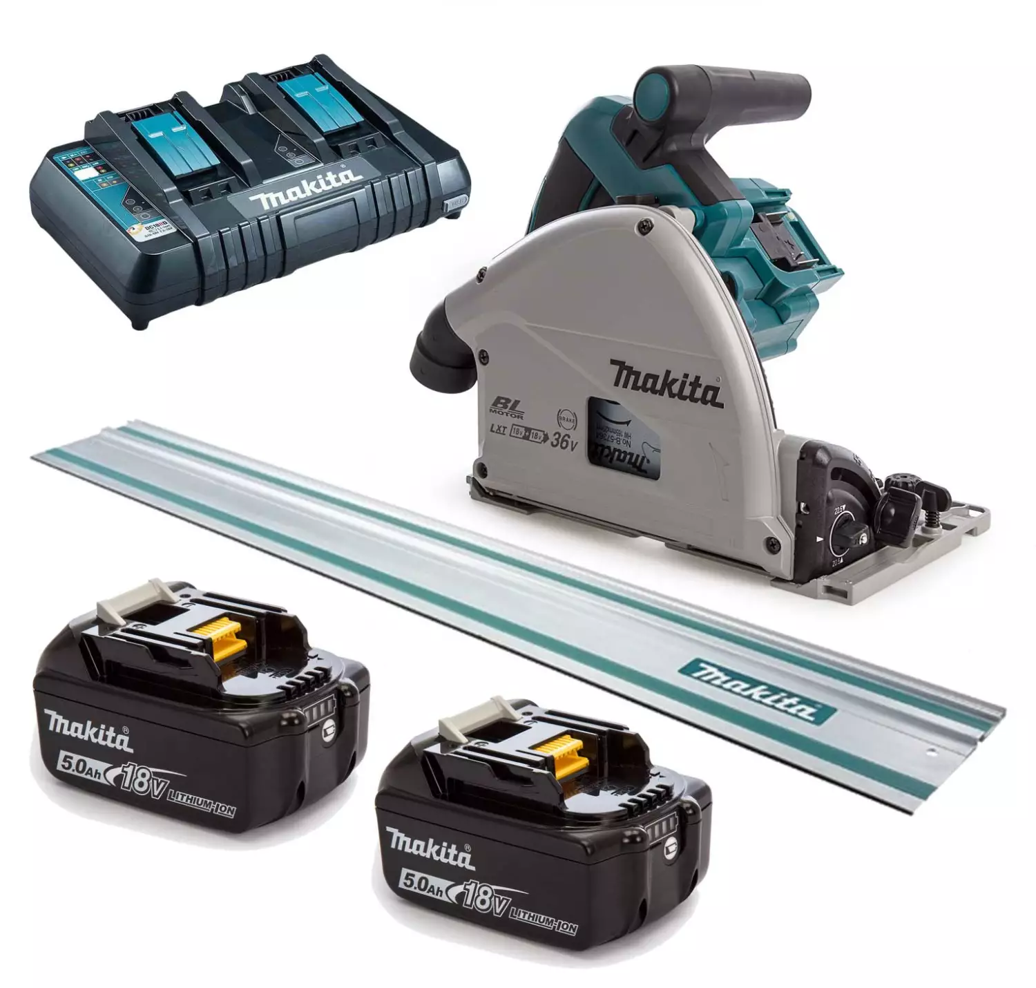 Makita DSP600PT2J1 Batterie Li-Ion 36V (2x 18V) Kit de scie plongeante (2x batterie 5.0Ah) dans MAKPAC , y compris rail de guidage - 165 x 20 mm - sans balais-image