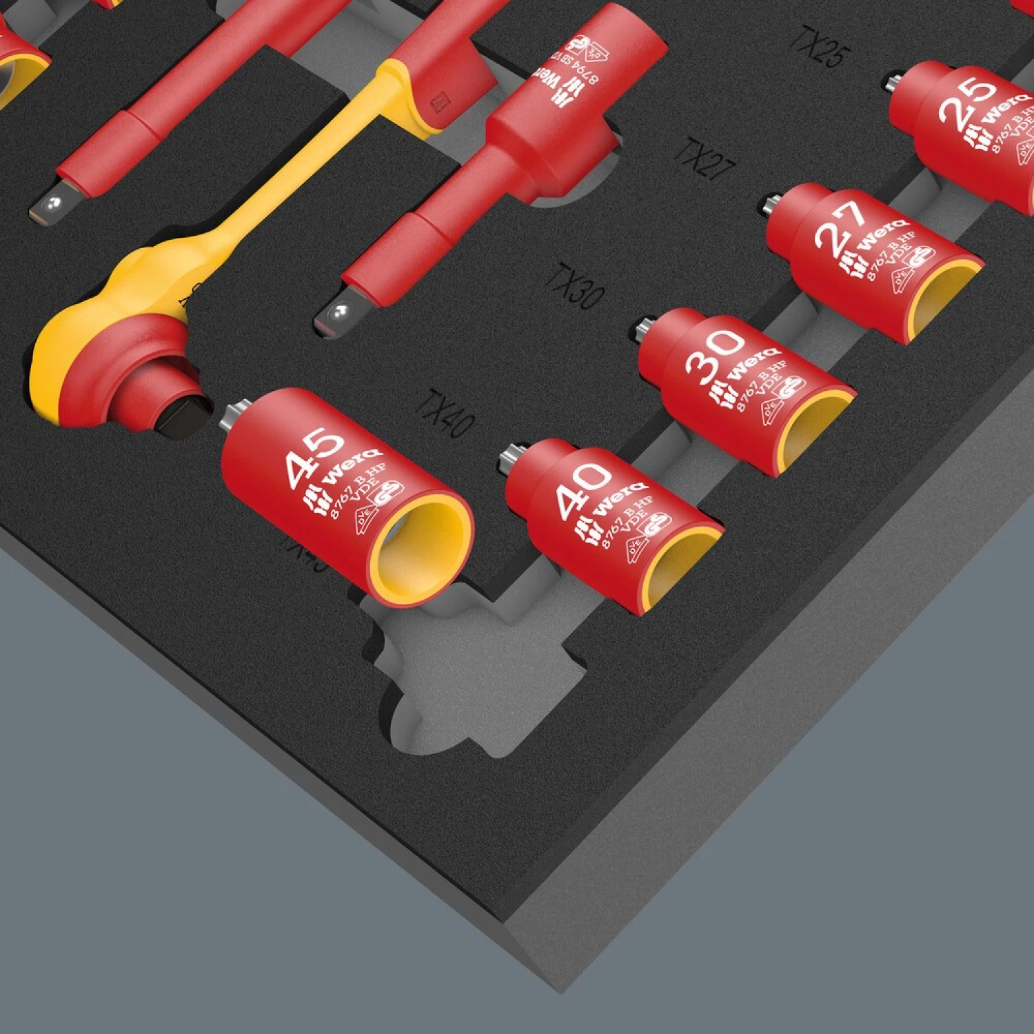 Wera 05150116001 28 pièces 9726 8007 B VDE Zyklop VDE Jeu de clés à cliquet et douilles dans un insert en mousse - 3/8"-image