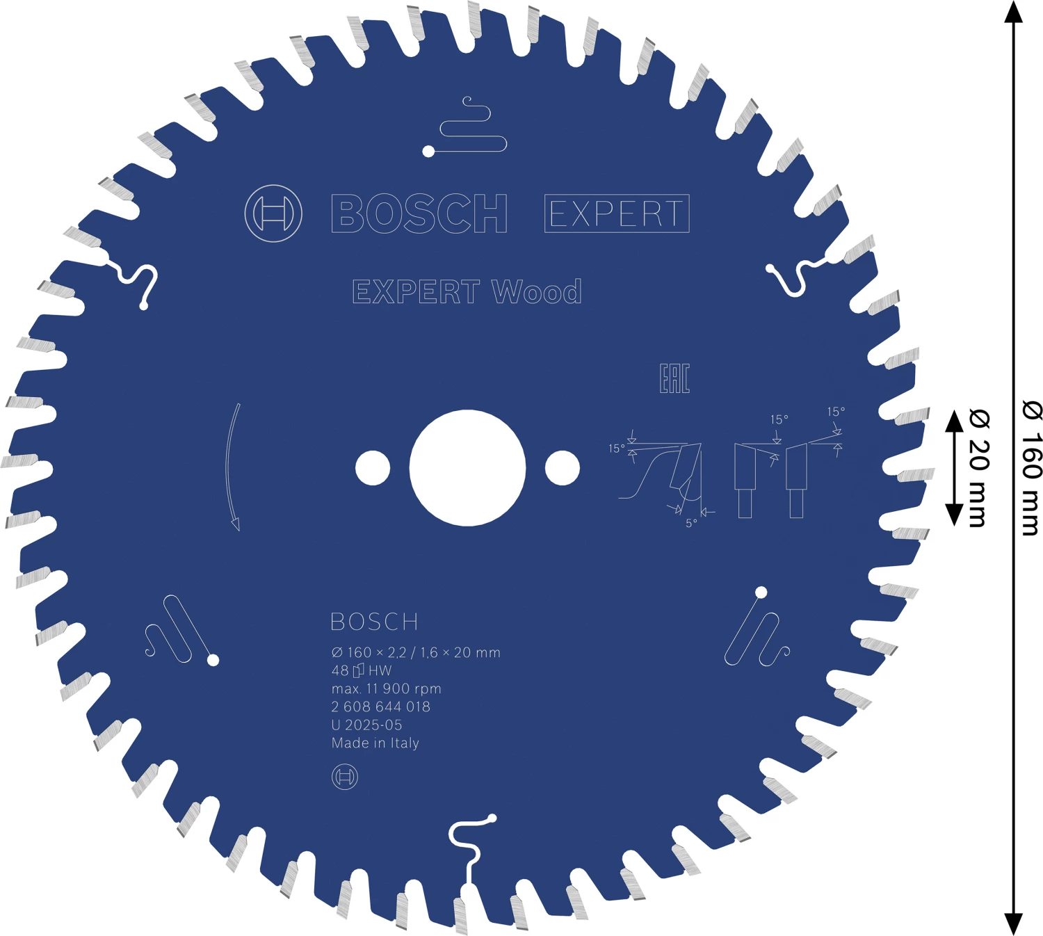 Bosch 2608644018 - Lame de Scie Circulaire Expert pour Wood, 160 x 20 x 2,2 mm, 48D-image