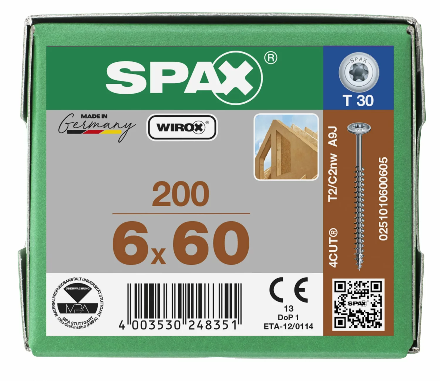 SPAX 251010600605 - HI.FORCE, 6 x 60 mm, 200 pièces, Tête centrante, Tête disque, T-STAR plus T30, 4CUT, WIROX-image