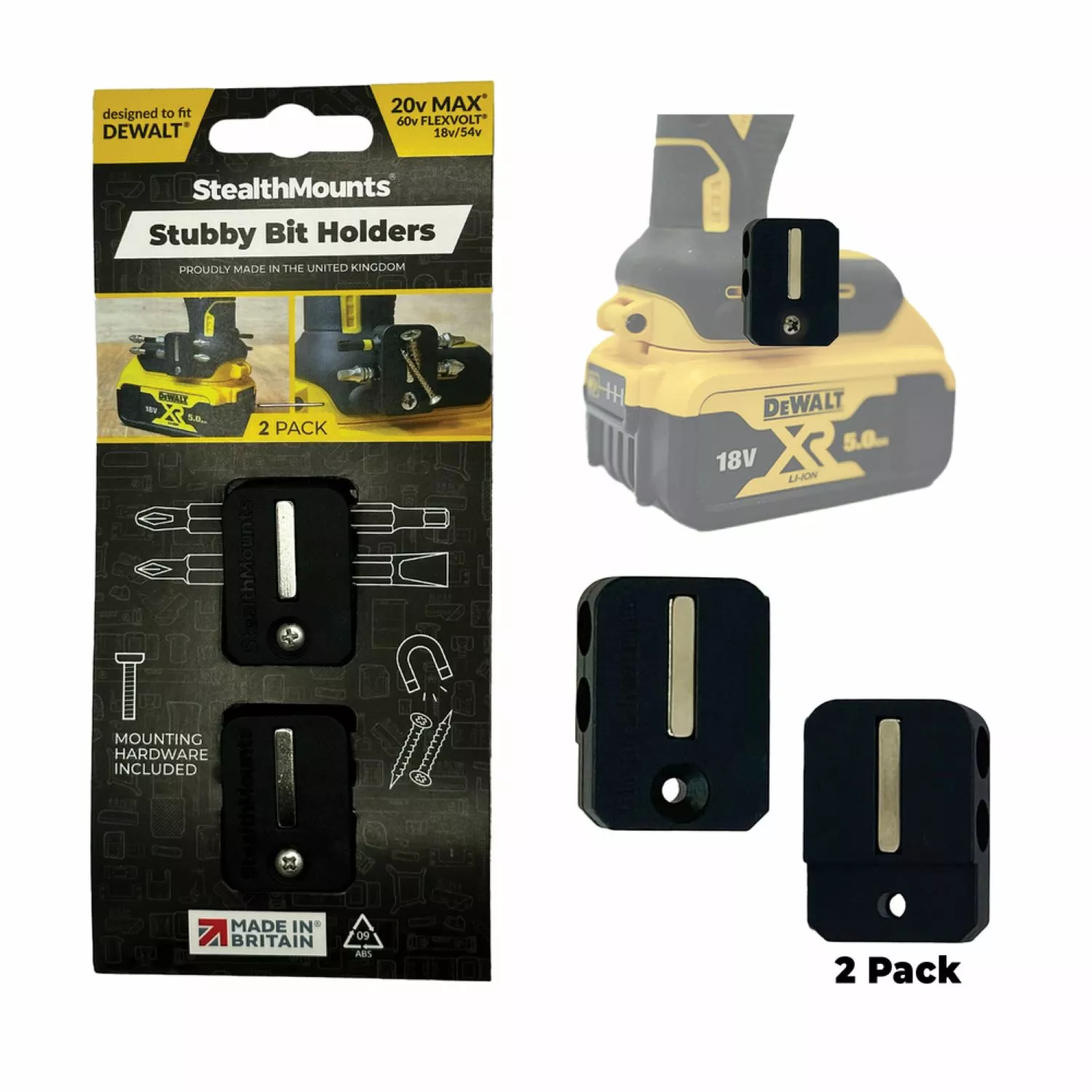 StealthMounts BH-DW-S-BLK-2 BLACK Stubby magnetische bithouder voor Dewalt - Zwart - 2-pack-image