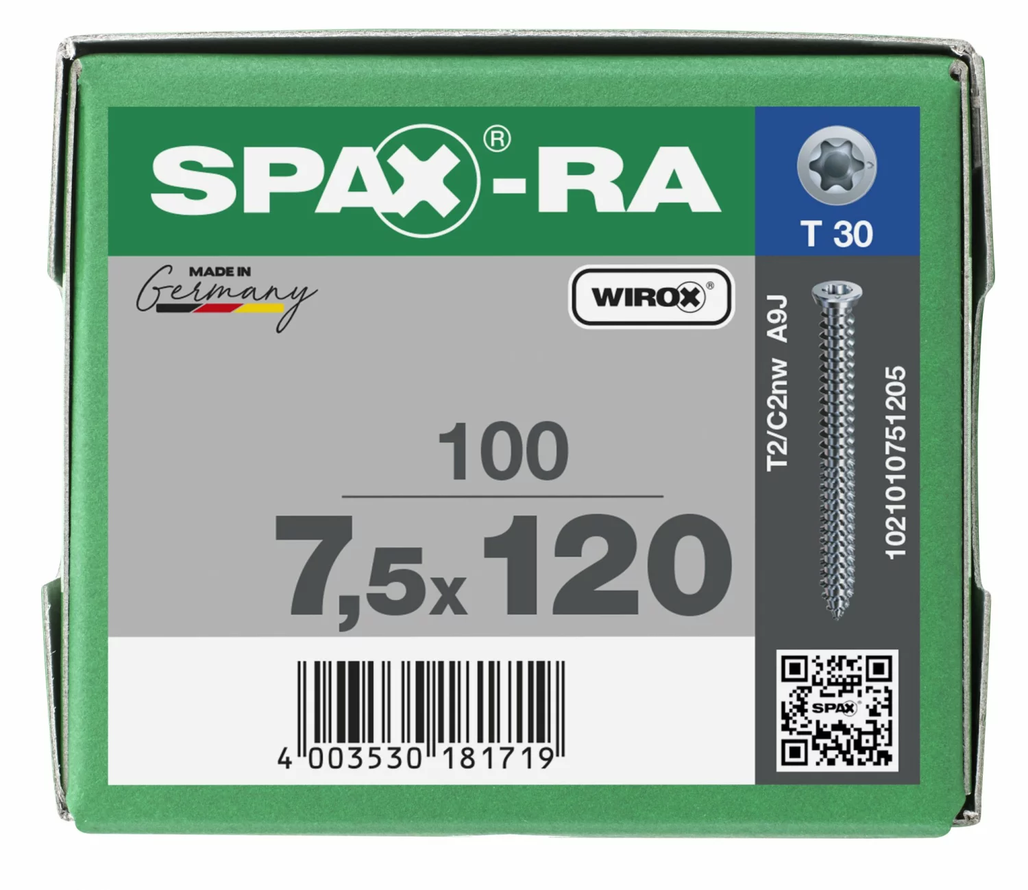 SPAX-Ra 1021010751205 Kozijnschroef, Platverzonken kop, 7.5 x 120, Voldraad, T-STAR plus T30 - WIROX - 100 stuks-image