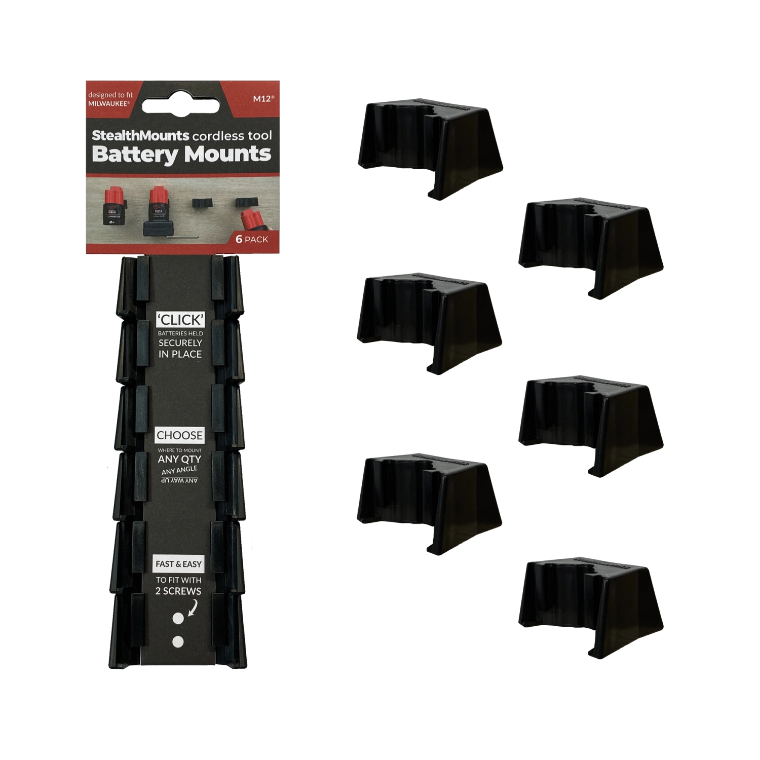 StealthMounts BM-MW12-BLK-6-BLK - Support batterie (6pcs) pour Milwaukee M12 - noir-image