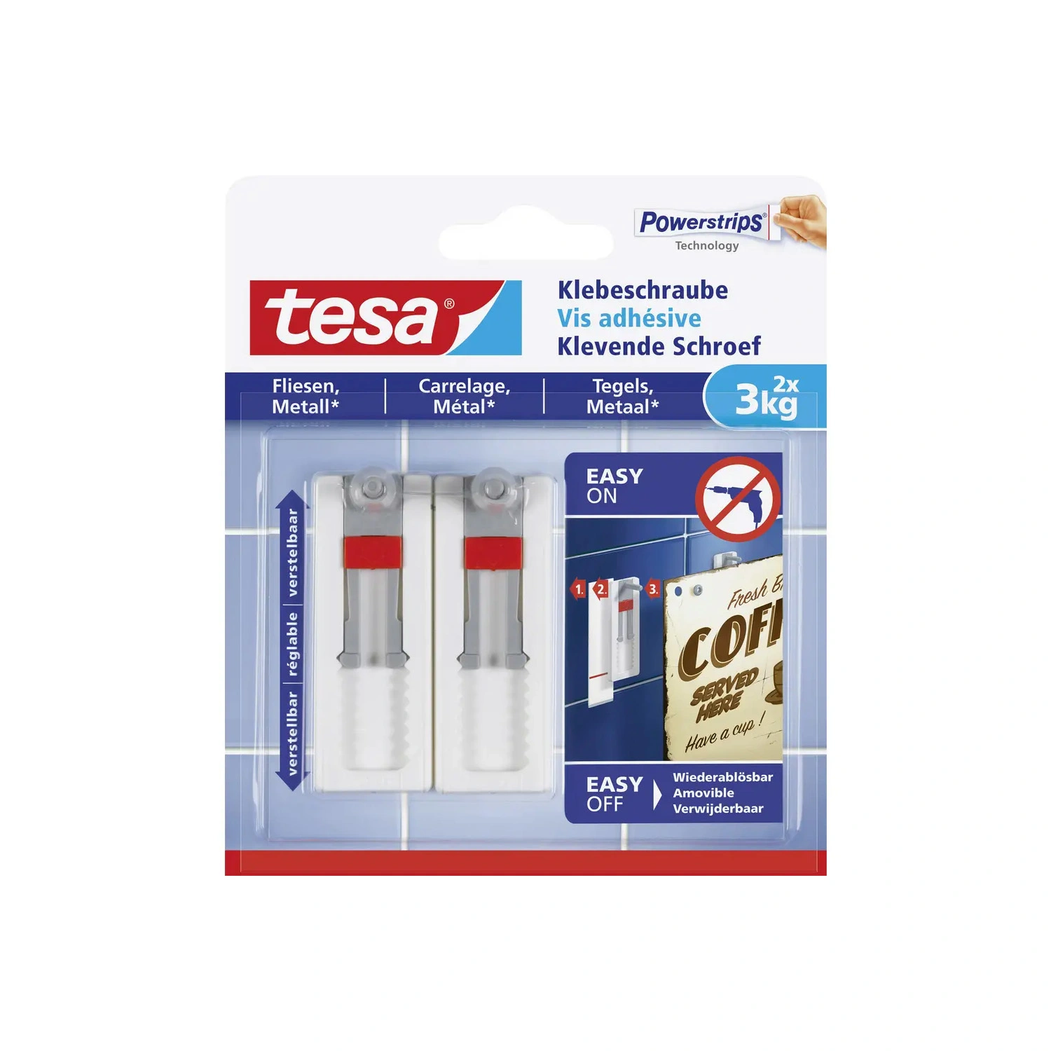 Tesa 77765 Zelfklevende schroef voor gladde, stevige ondergronden - verstelbaar - 3kg (2st)