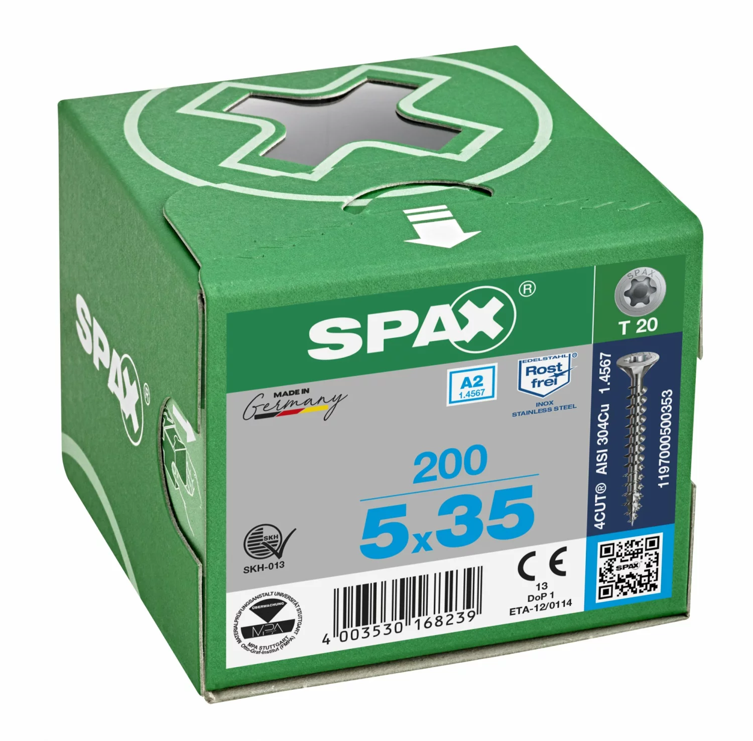 SPAX 1197000500353 Roestvaststalen schroef, Verzonken kop, 5 x 35, Voldraad, T-STAR plus TX20 - blank - 200 stuks-image