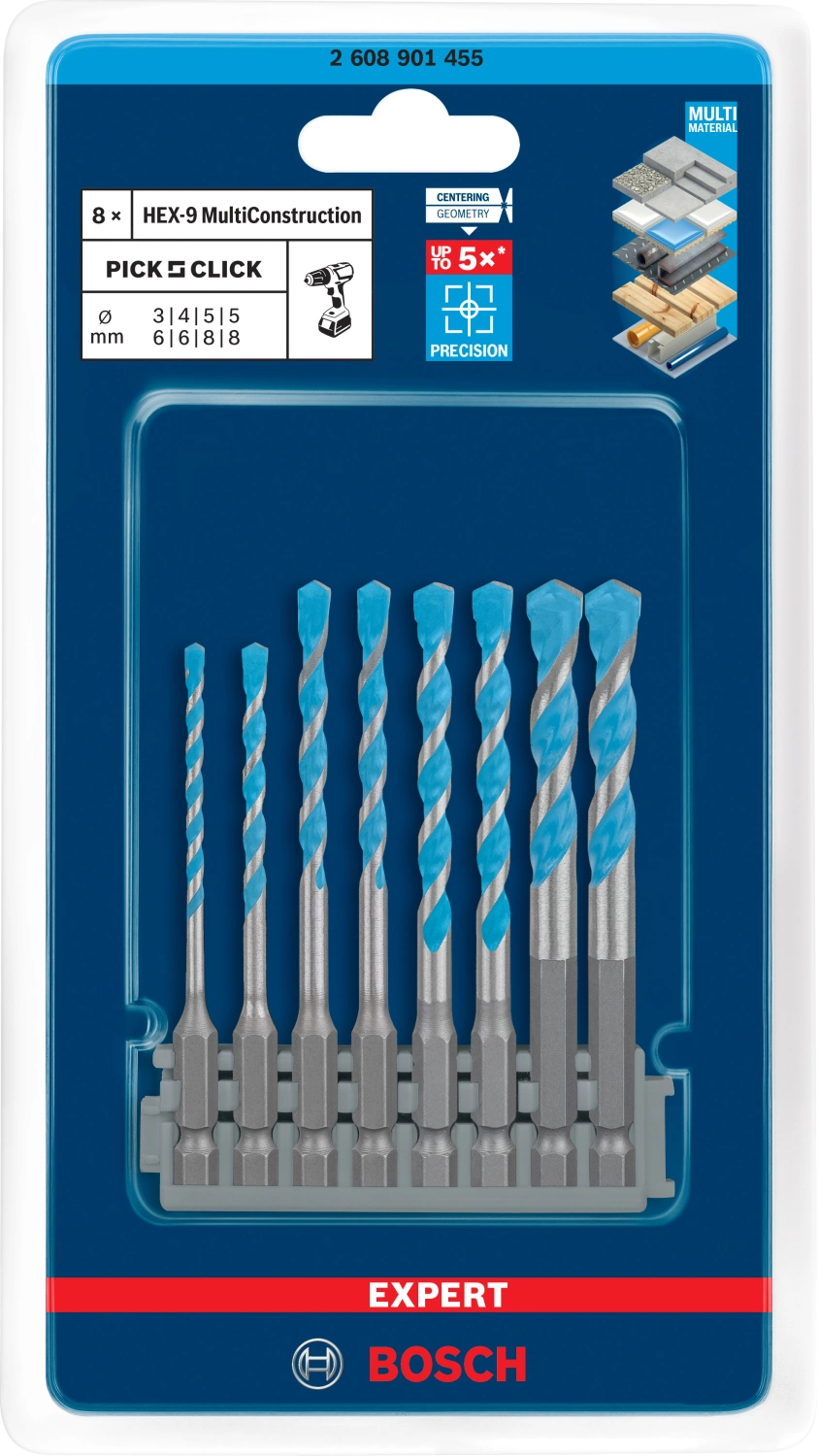 Bosch 2608901455 EXPERT Jeu de 8 scies cloches - HEX-9 Multi Construction Pick & Click - 3 - 8 mm-image