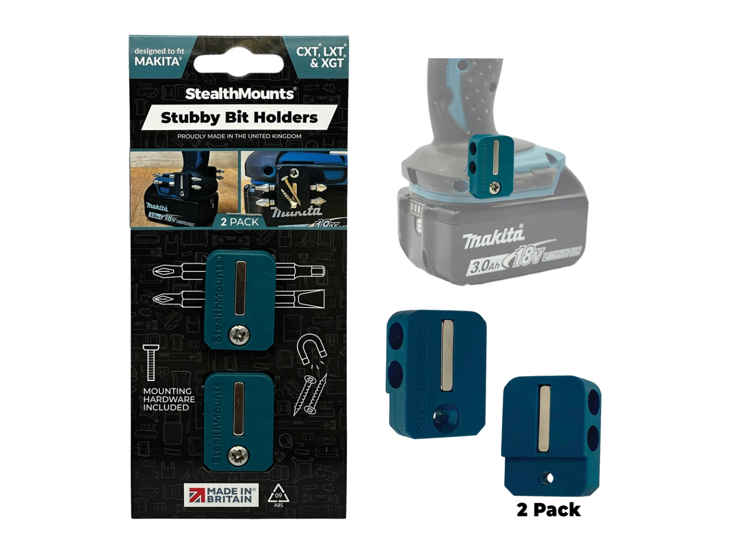 StealthMounts BH-MK-S-BLU-2 Stubby magnetische bithouder voor machines Makita CXT/LXT/XGT - Blauw - 2 stuks-image
