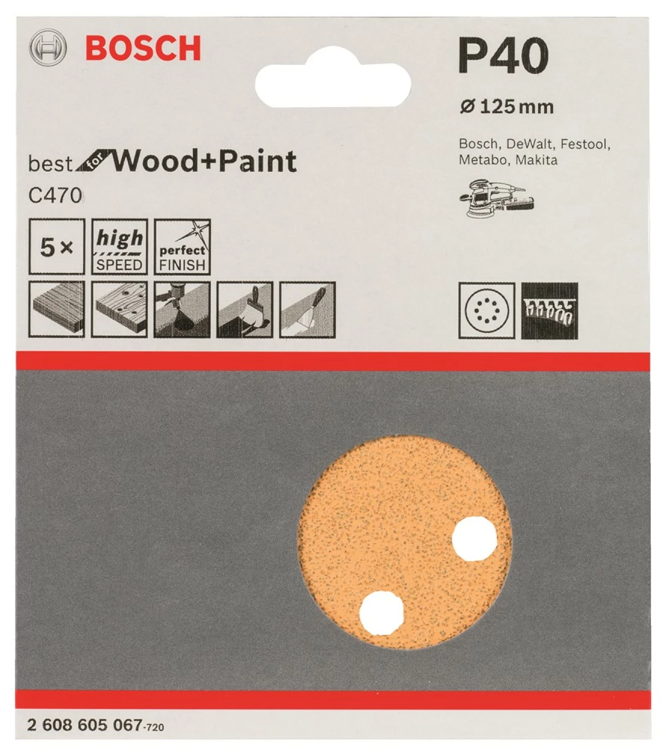 Bosch 2608605067 - Abrasif C470 Best for Wood and Paint, diamètre 125 mm, grain 40, 8 trous, 5x