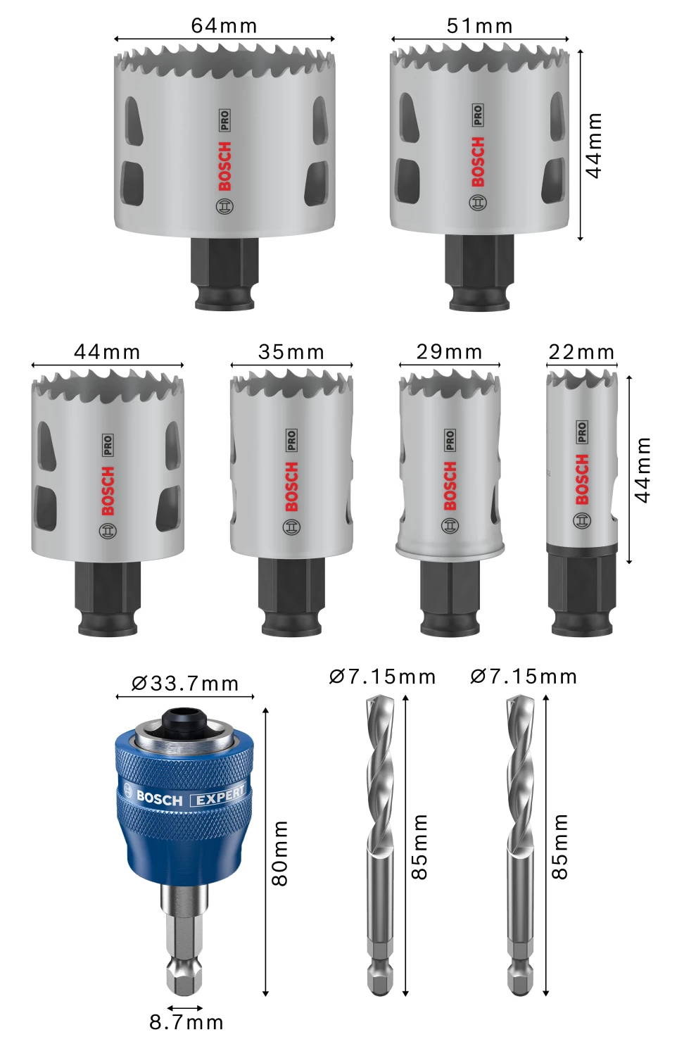 Bosch 2608594436 PRO Jeu de 9 scies-cloches Multi Material PC Plus - 22, 29, 35, 44, 51, 64 mm-image