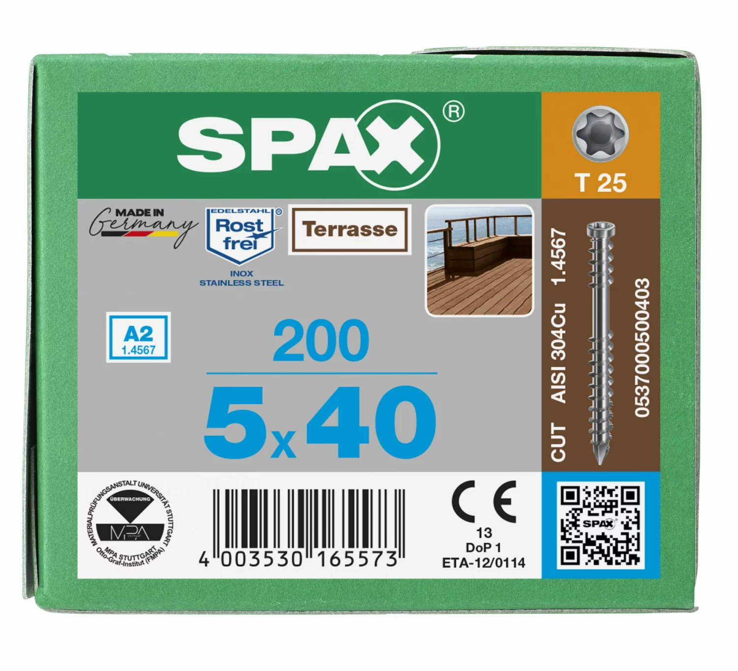 SPAX 537000500403 - Vis terrasse, 5 x 40 mm, 200 pièces, Filetage de fixation, Tête cylindrique, T-STAR plus T25, Pointe CUT, Acier inoxydable A2-image