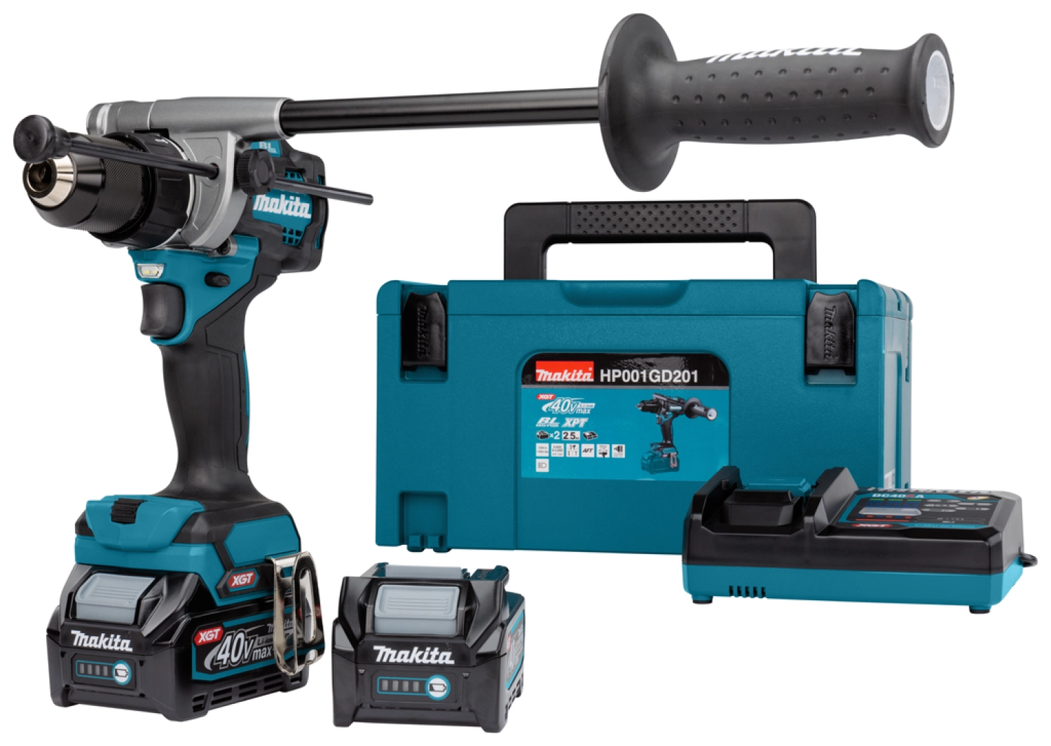 Makita HP001GD201 XGT 40V MAX LI -ION Batterie de batterie Drill / Machine à vis (2x 2,5h) dans Mbox - 13 mm - Carbon sans balais-image