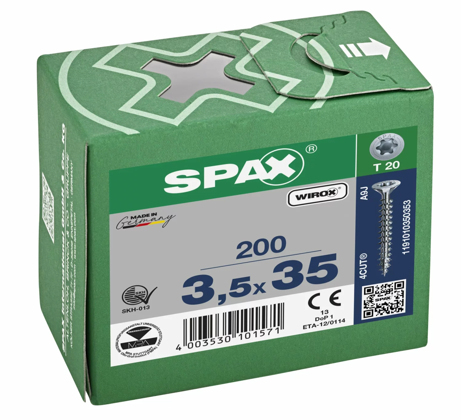 SPAX 1191010350353 - Vis universelle, 3,5 x 35 mm, 200 pièces, Tête centrante, Tête fraisée, T-STAR plus T20, 4CUT, WIROX