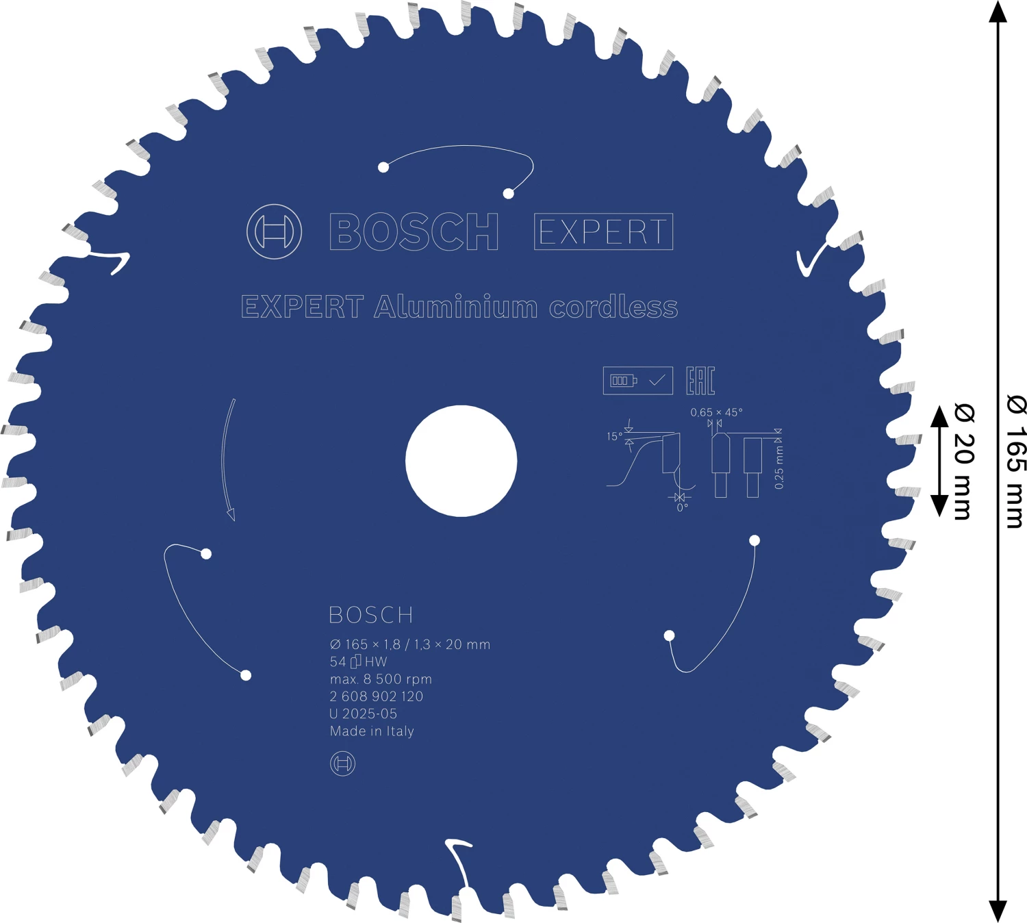 Bosch 2608902120 Lame de scie circulaire EXPERT - 165 x 20 x 54D - aluminium - Sans fil