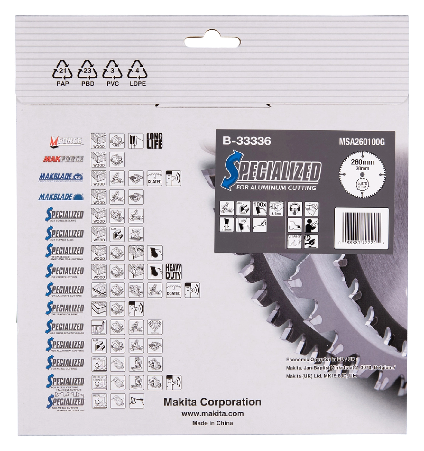 Makita B-33336 Cirkelzaagblad - TCT - 260x30mm 100T - Aluminium-image