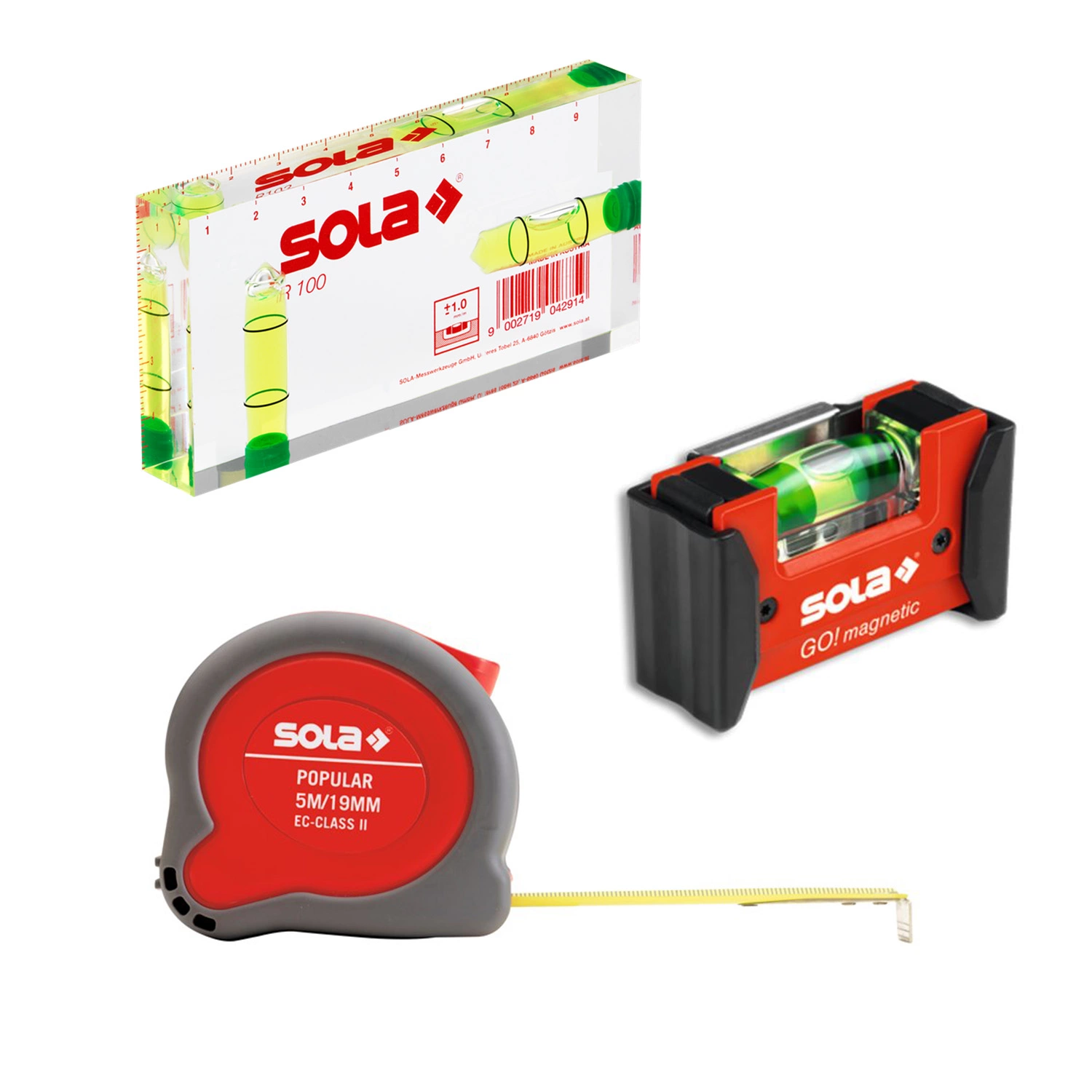 Sola GO! Magnetic Clip Niveau à bulle Set Combo + Niveau à bulle d'architecte R100 + Popular PP 5 m Mètre ruban-image