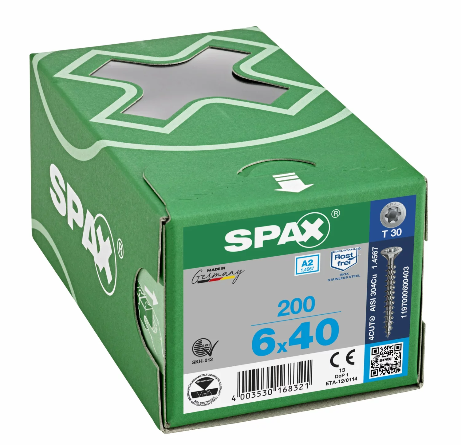 SPAX 1197000600403 - Vis en acier inoxydable, 6 x 40 mm, 200 pièces, Tête centrante, Tête fraisée, T-STAR plus T30, 4CUT, Acier inoxydable A2-image