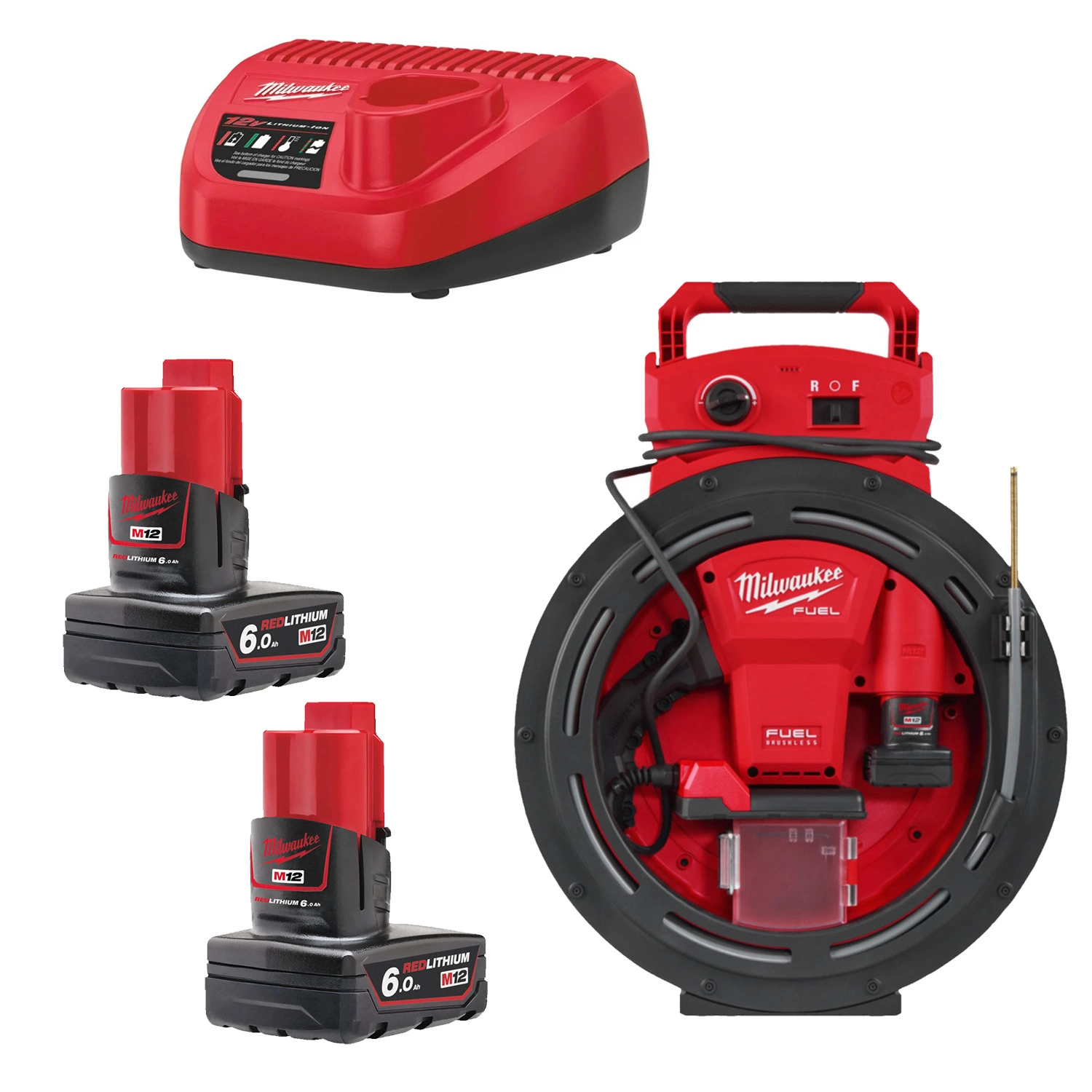 Milwaukee M12 HSFSM-602 12V Li-ion batterie haute vitesse nettoyeur de canalisations kit (2x 6,0Ah batterie) - 11m-image