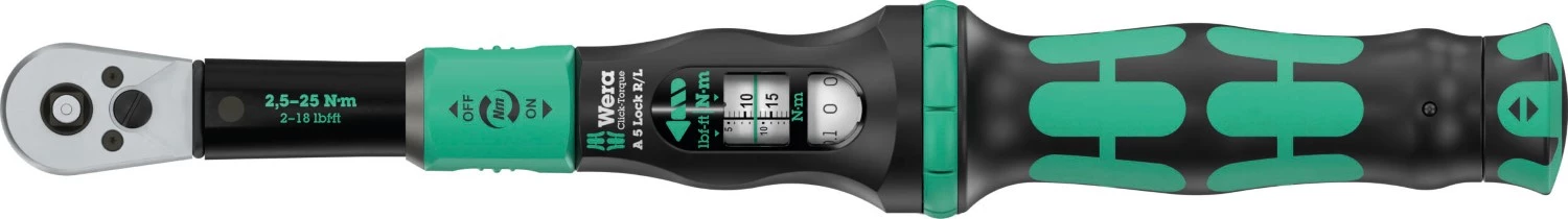 Wera 05075693001 Click-Torque Lock A5 R/L Clé dynamométrique avec cliquet réversible - 2,5-25 Nm - 1/4 » - Droite/Gauche-image
