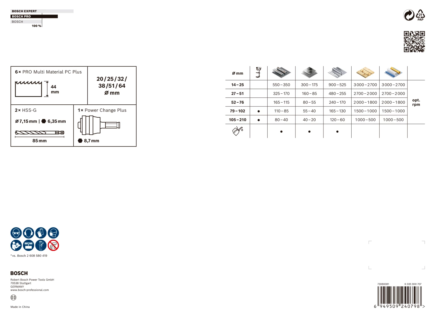 Bosch 2608594435 PRO Jeu de 9 scies-cloches Multi Material PC Plus - 20, 25, 32, 38, 51, 64 mm-image
