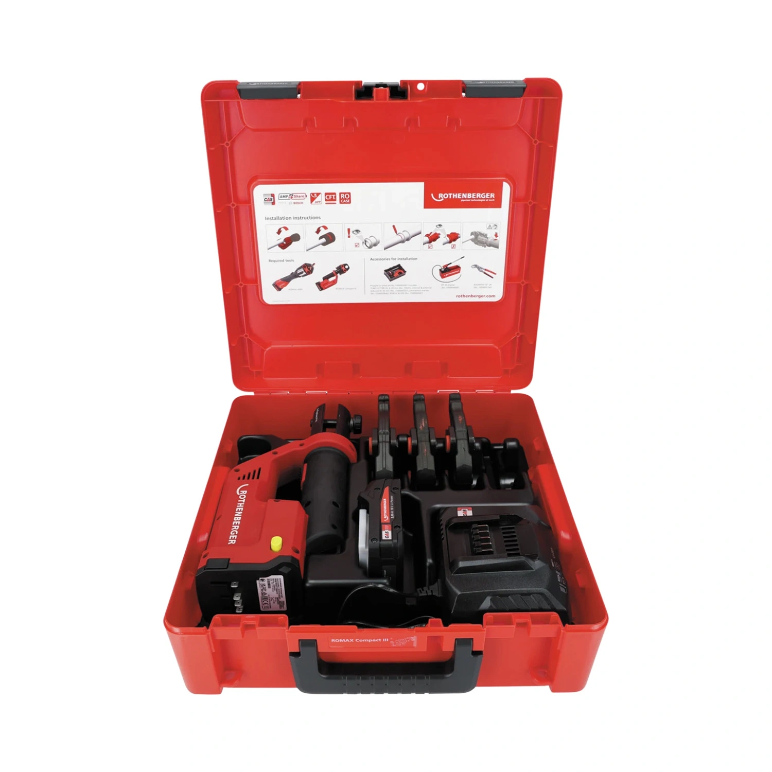 Rothenberger 1000004273 Romax Compact III Kit de pince à sertir sans fil 18 V (1 batterie 4,0 Ah + chargeur) avec mâchoires M - 15-22-28 mm - CAS