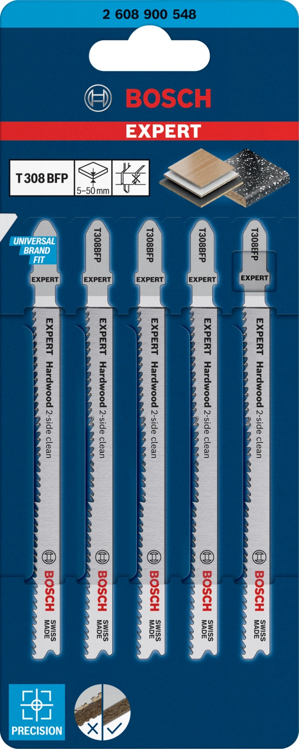 Bosch EXPERT 2608900548 - EXPERT Lame de scie sauteuse T308BFP 5pcs Hardwood 2-side clean precision-image