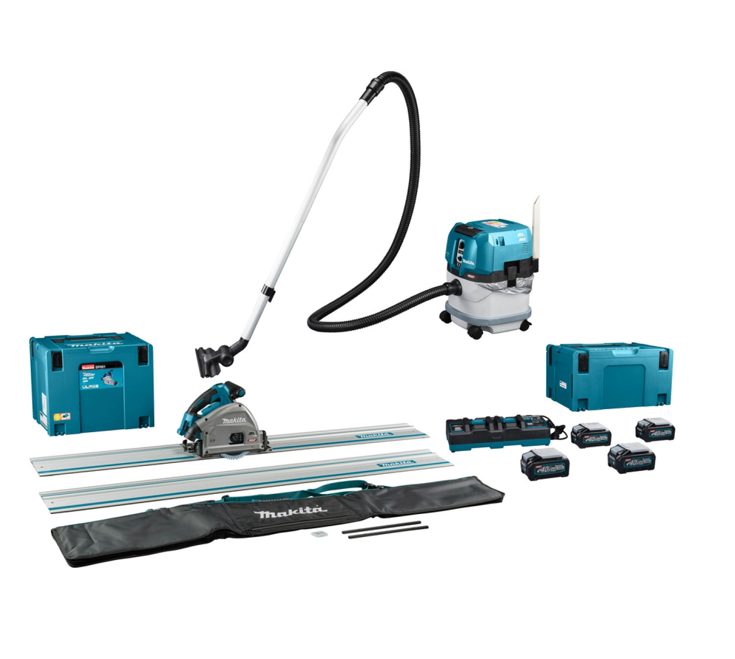 Makita DK0195G201 XGT 40V Max Li-Ion accu invalzaag(SP001G) & stofzuiger (VC004G) combiset (4x 4.0Ah accu) incl. geleiderail 1500 mm (2 st), koppelstripset en tas-image