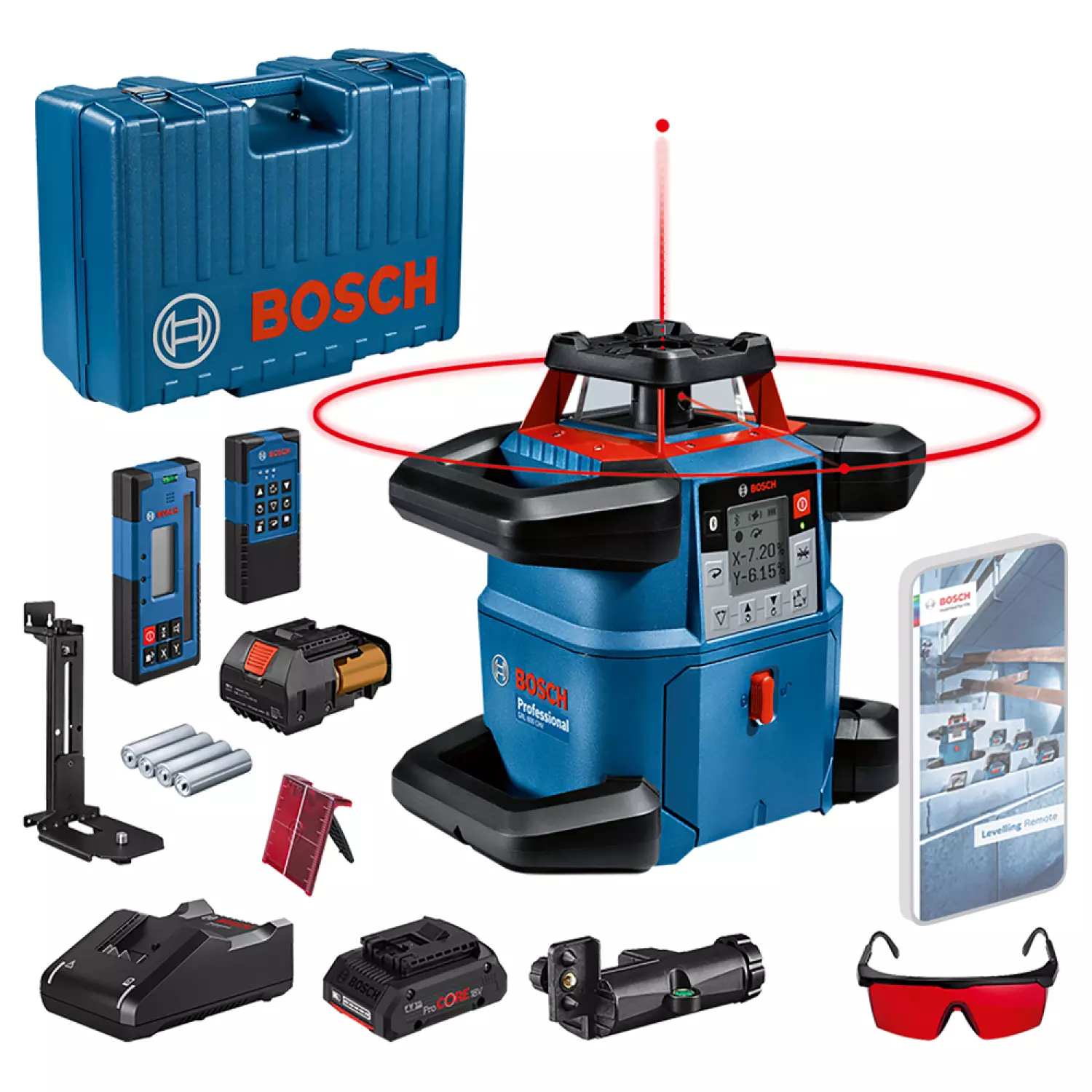Bosch 0601061F00 - Laser rotatif GRL 600 CHV, récepteur laser LR 60 avec support RB 60, télécommande RC 6, fixation murale WM 6, 1x batterie GBA ProCORE18V 4,0Ah, chargeur rapide GAL 18V-40, adaptateur BA 1, 4x batteries D, 4x batteries AA, lunettes de sé