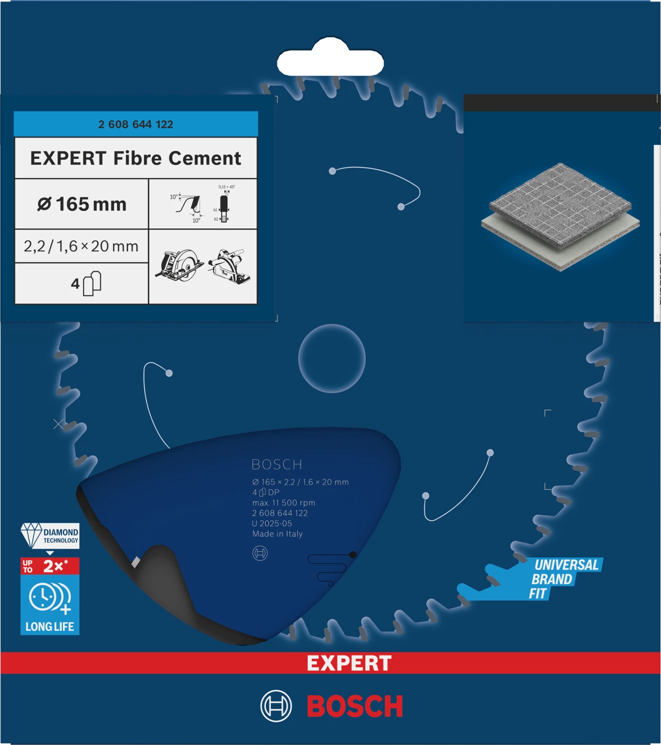 Bosch 2608644122 Expert Cirkelzaagblad - 165 x 20 x 4T - Vezelcement - Carbide-image