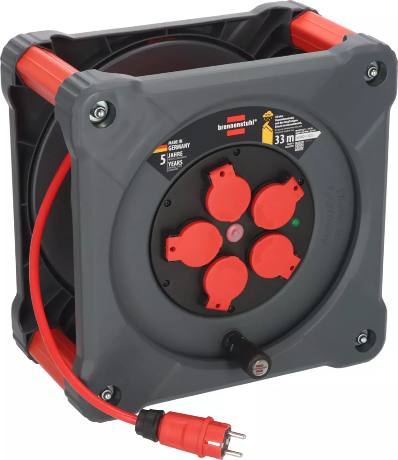 Brennenstuhl Professional KA 3210 Cube de chantier 5 prises enrouleur de câble H07BQ-F 3G2.5 - IP44 - 33m - Rouge-image