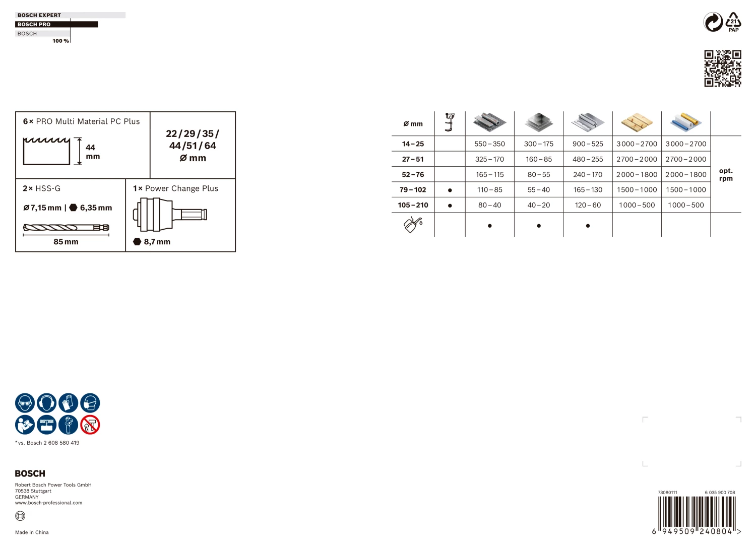 Bosch 2608594436 PRO Jeu de 9 scies-cloches Multi Material PC Plus - 22, 29, 35, 44, 51, 64 mm-image