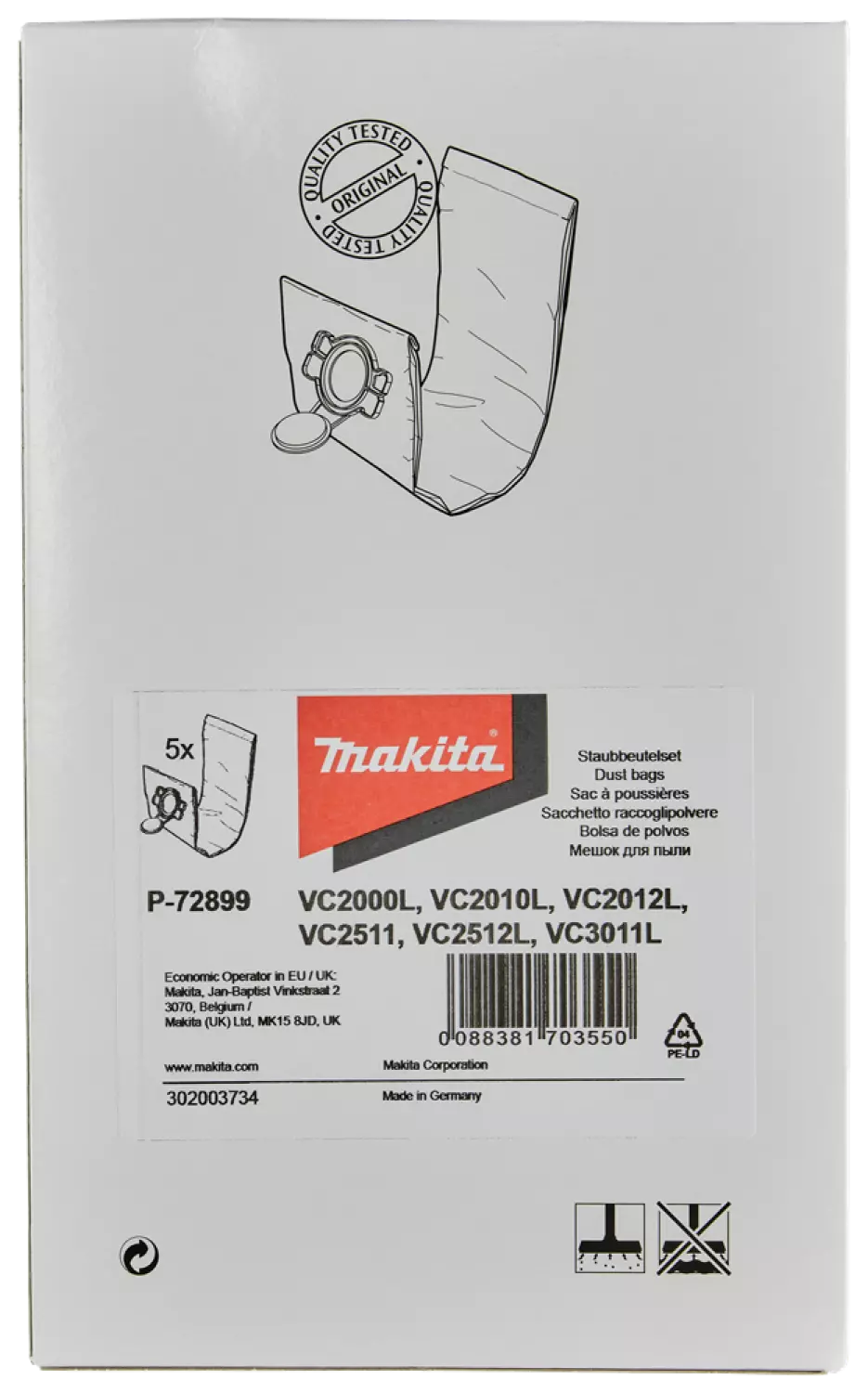 Makita P-72899 Filter Stofzak voor VC2010L / VC2512L / VC3011L (5st)-image