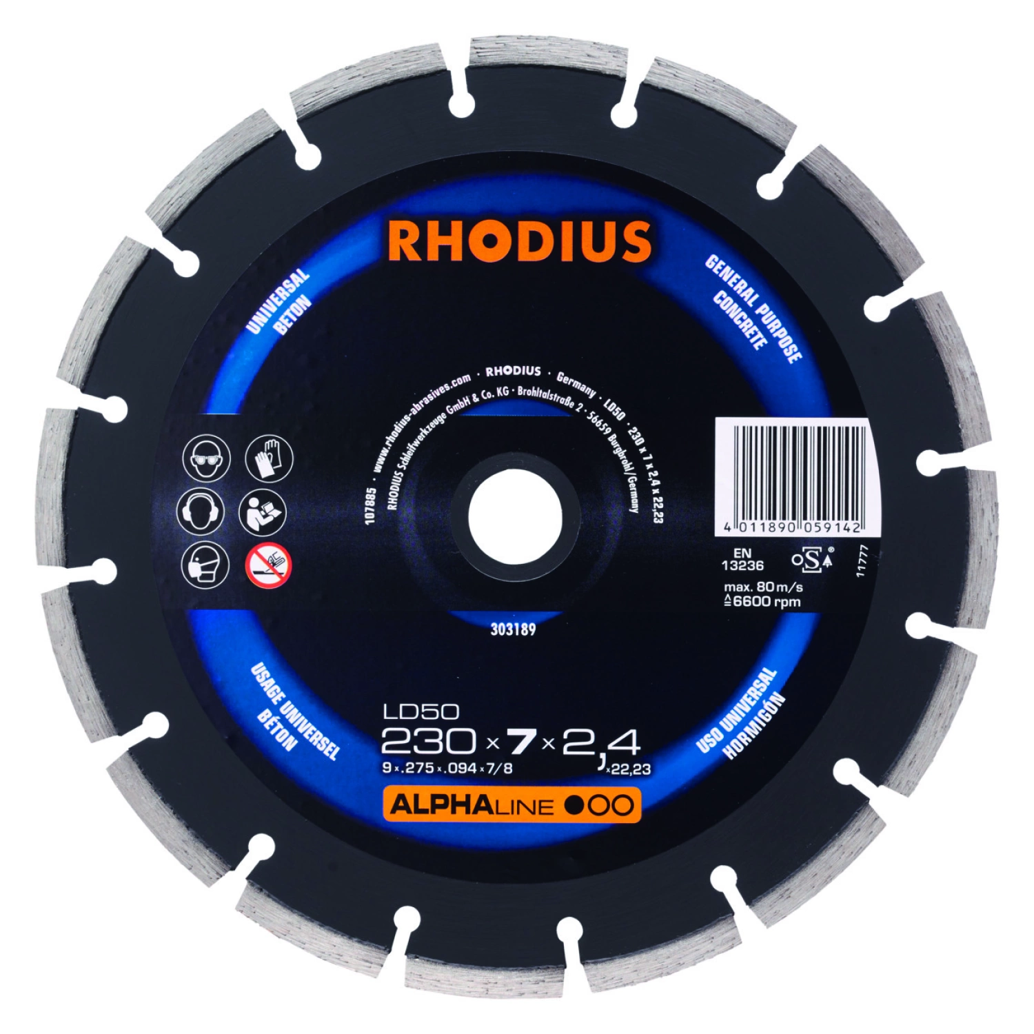 Rhodius 303189 Alphaline I LD50 Diamantdoorslijpschijf - 230 x 22,23 x 7mm - Beton/Universeel-image