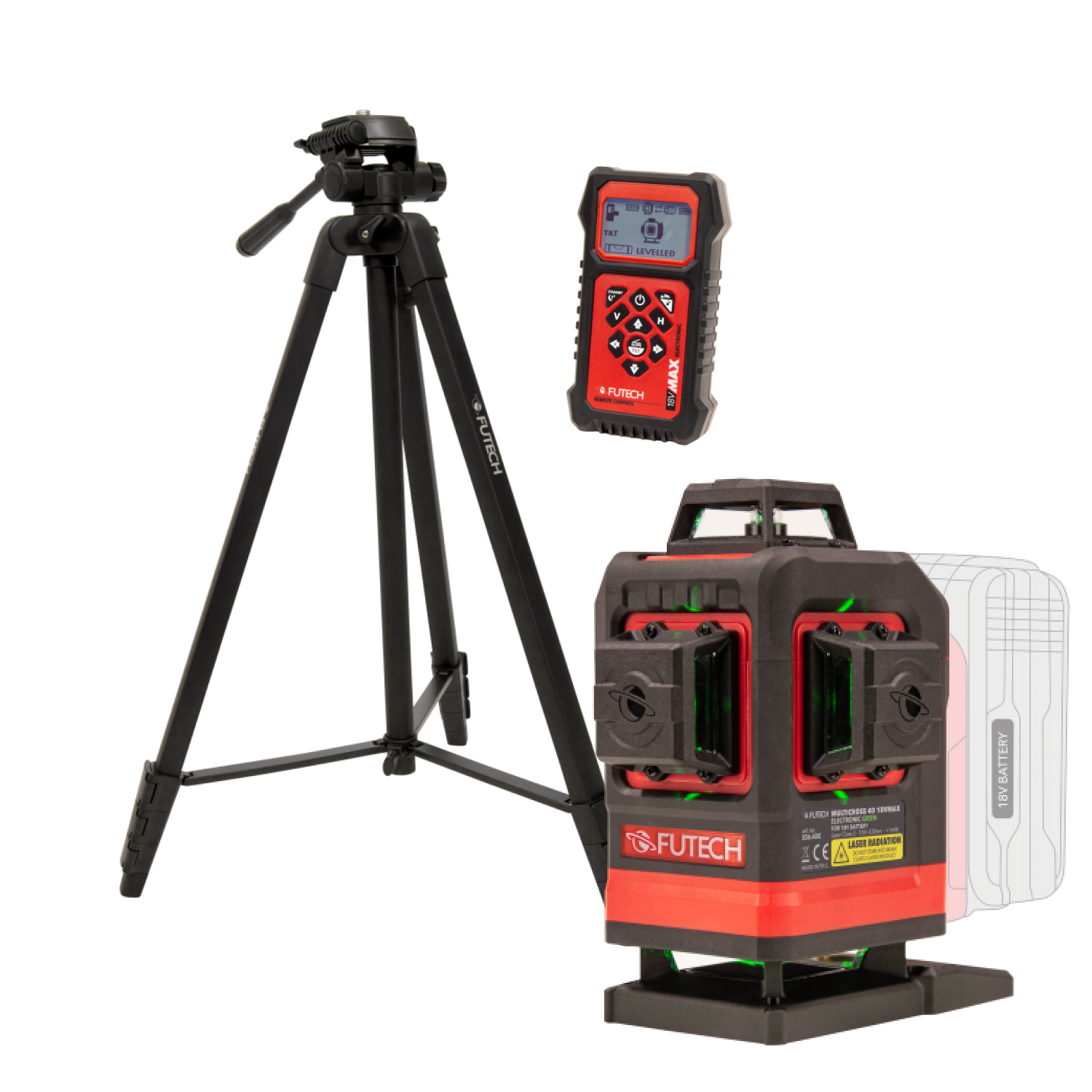 Futech Multicross 4D 18VMAX Electronic Kruislijnlaser incl. statief en afstandsbediening - groen - 4 lijnen - IP54-image