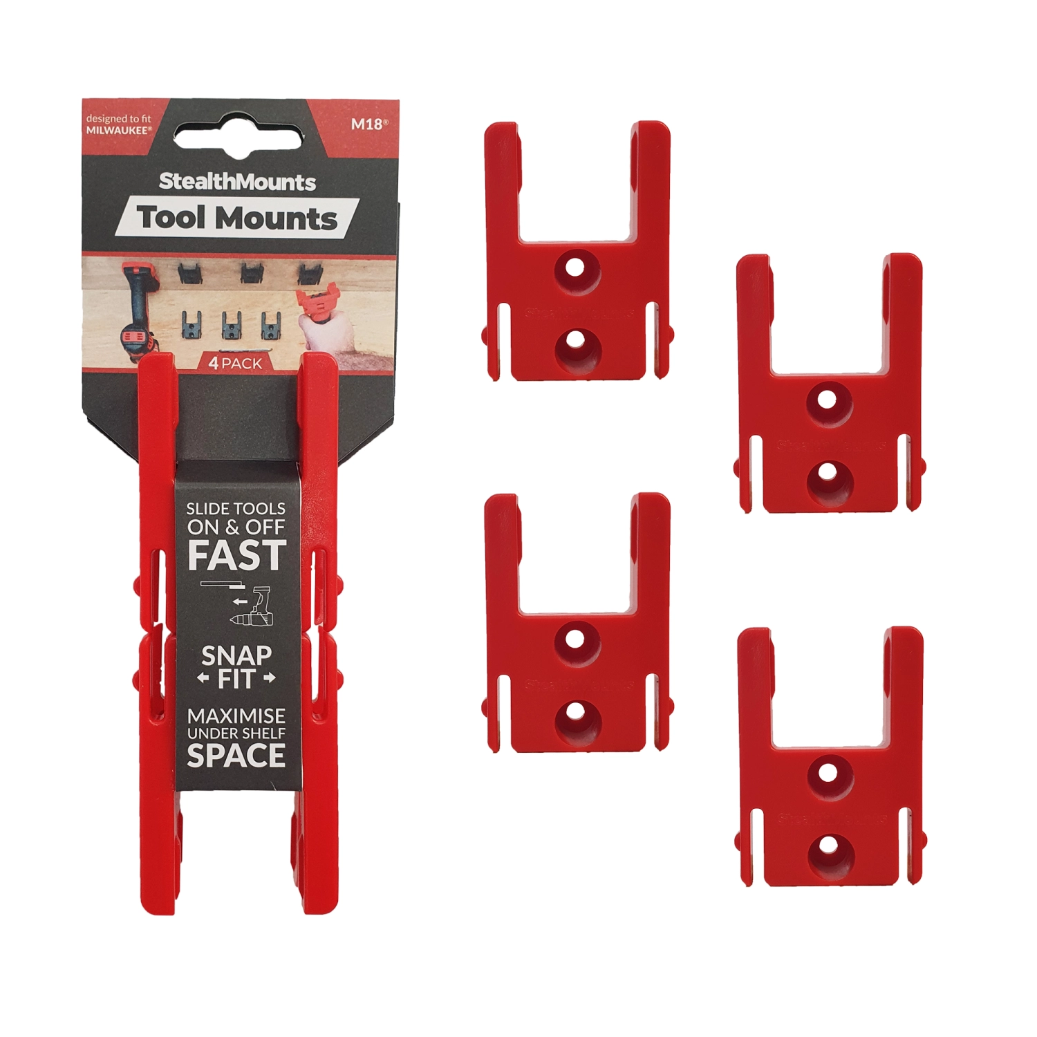 StealthMounts TM-MW18-RED-4 - Support de machine (4pcs) pour Milwaukee M18 - rouge-image