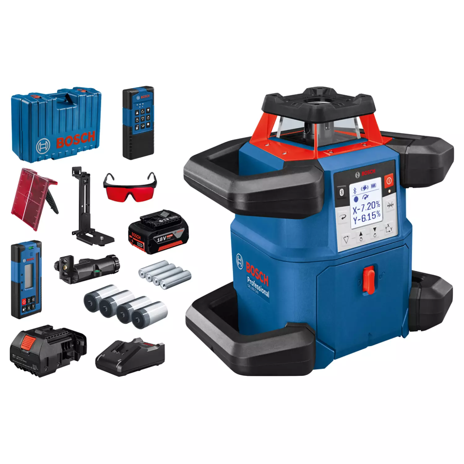 Bosch 06159940P5 - Laser rotatif GRL 600 CHV, récepteur laser LR 60 avec support RB 60, télécommande RC 6, fixation murale WM 6, 1x batterie GBA ProCORE18V 4,0Ah, chargeur rapide GAL 18V-40, adaptateur BA 1, 4x batteries D, 4x batteries AA, lunettes de sé