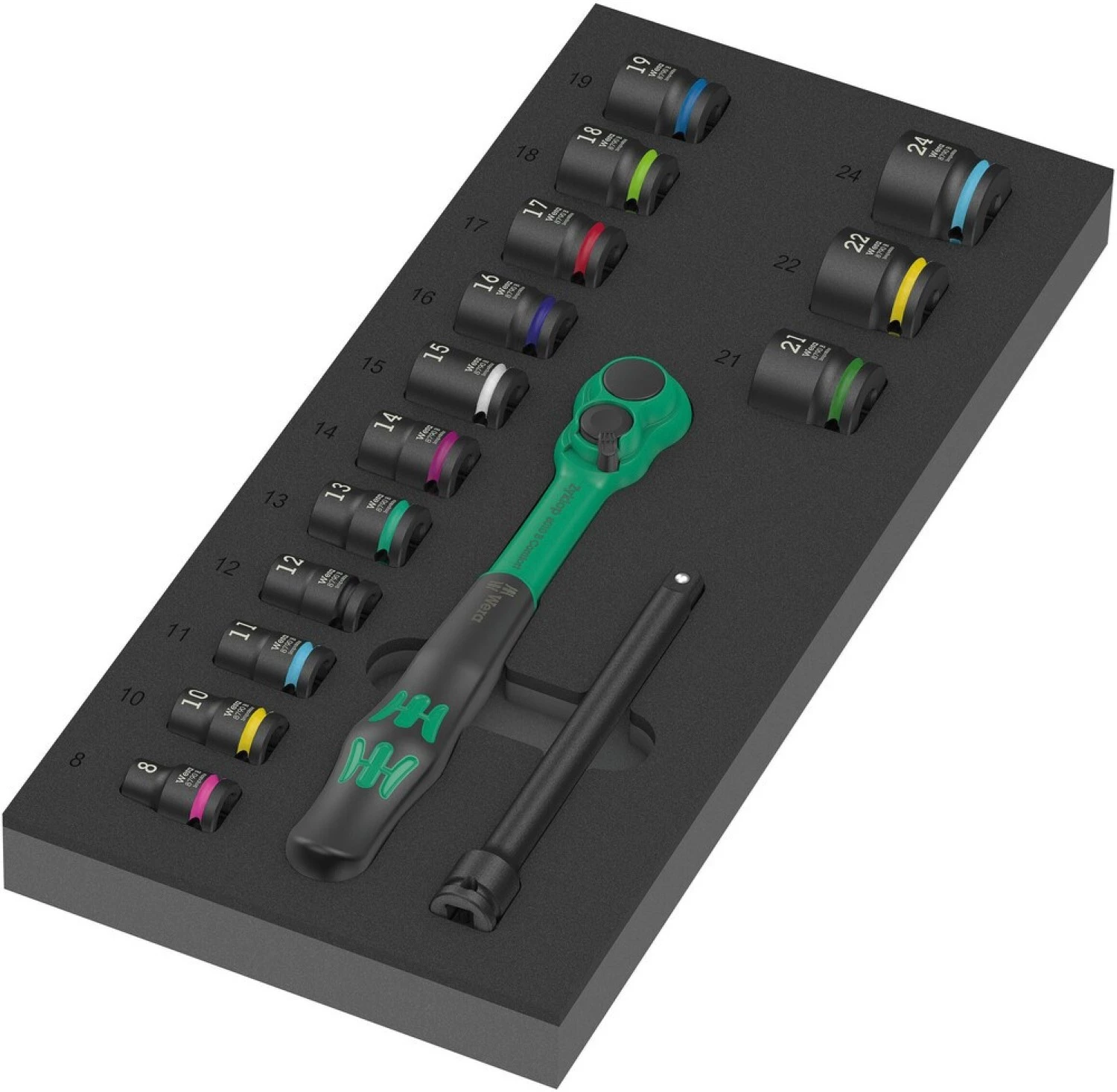 Wera 05150114001 16 pièces 9724 8010 B Zyklop Comfort Jeu de clés à cliquet et douilles dans un insert en mousse - 3/8"-image