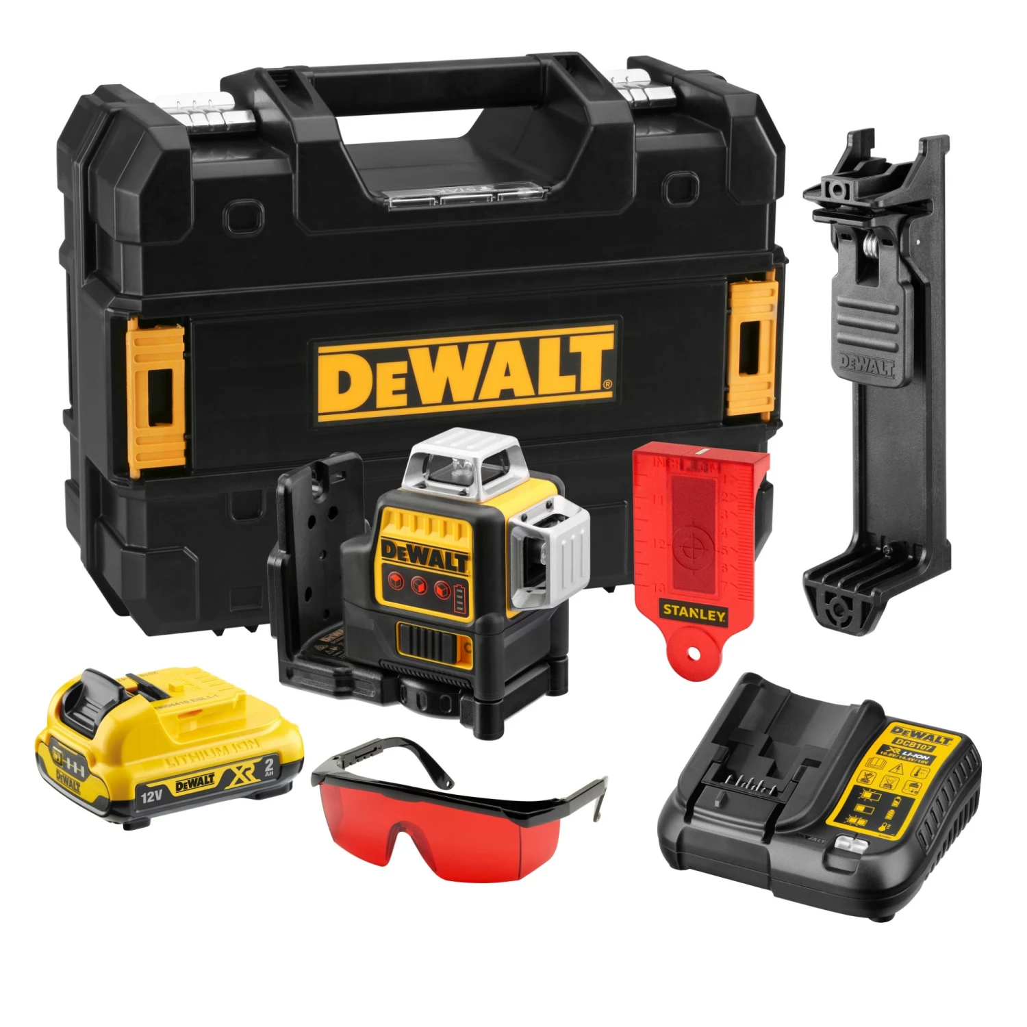 DeWALT DCE089D1R 10,8V Li-Ion accu zelfnivellerende 3x360° graden multilijnlaser set (1x 2.0Ah accu) in koffer - 3 lijnen - 15m - rood-image