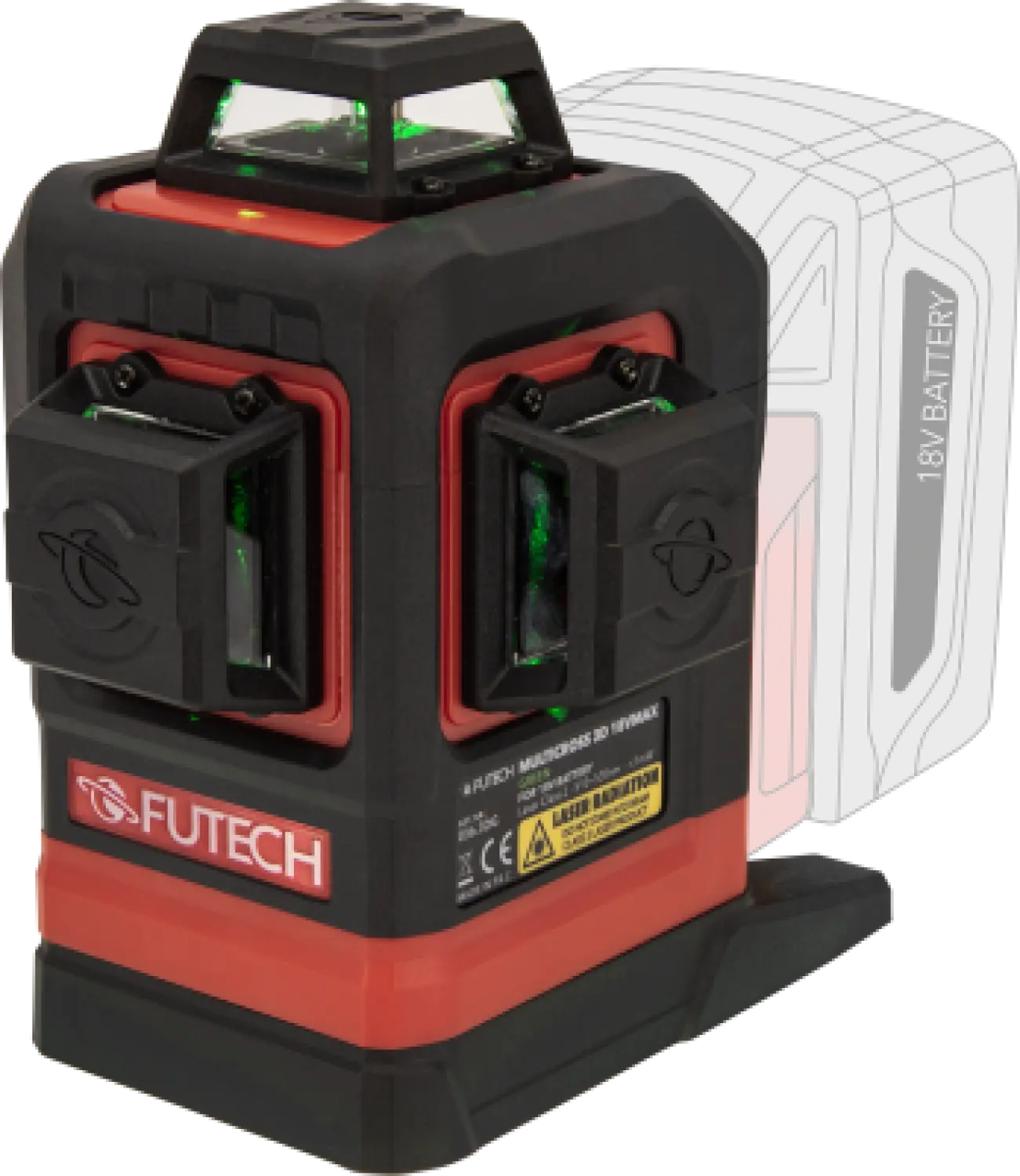 FUTECH Multicross 3D 18VMAX laser croix avec trépied et adaptateur de batterie 18V - vert - 70m - 3 lignes