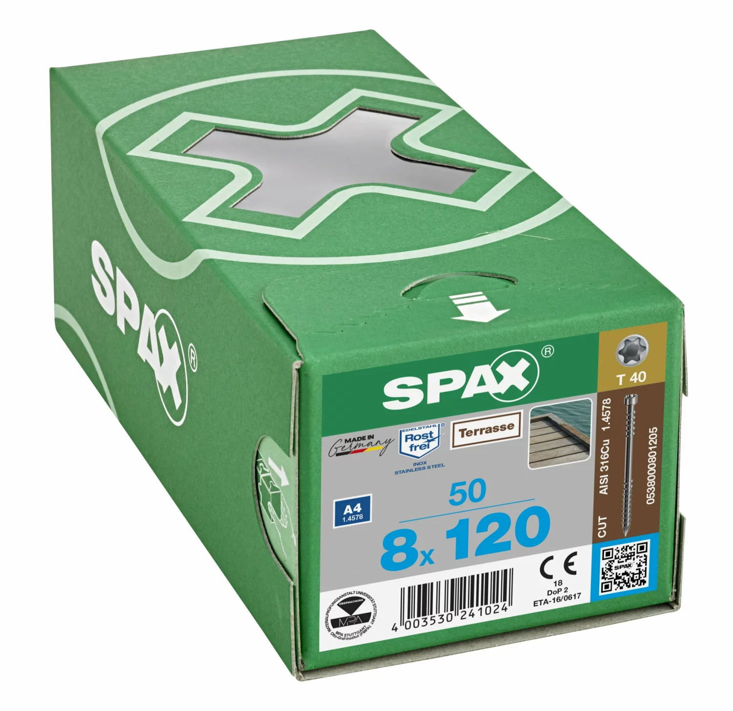 SPAX 538000801205 - Vis pour allées et passerelles, 8 x 120 mm, 50 pièces, Filetage de fixation, Tête cylindrique, T-STAR plus T40, Pointe CUT, Acier inoxydable A4-image