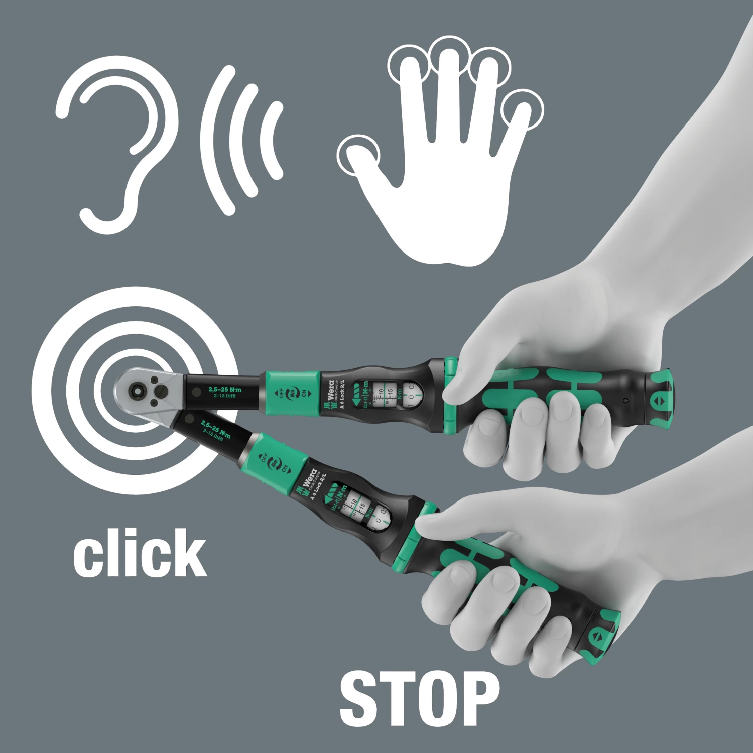 Wera 05075694001 Click-Torque Lock A6 R/L Clé dynamométrique avec cliquet réversible - 2,5-25 Nm - 1/4 » - Droite/Gauche-image