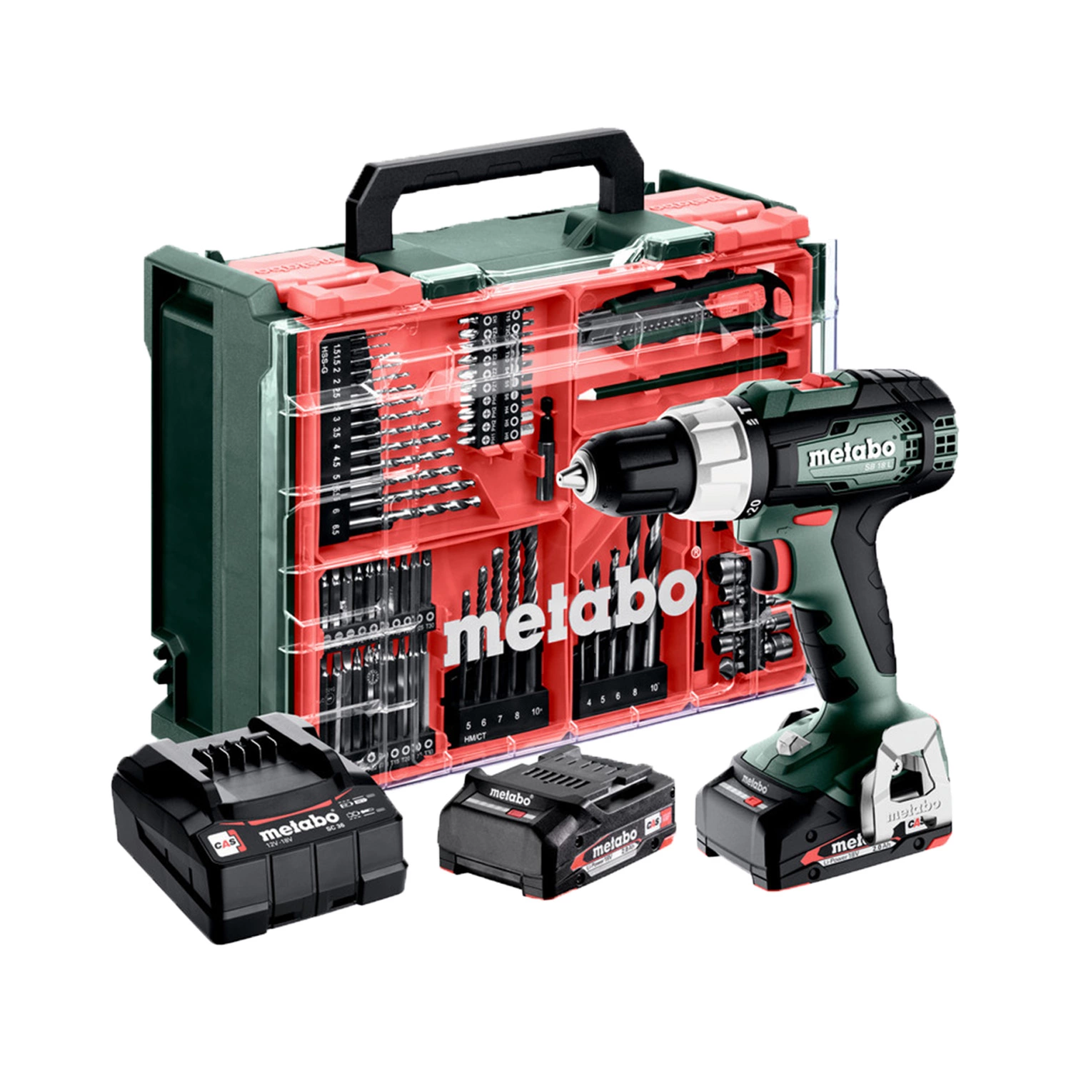Metabo SB 18 L Atelier mobile 18V Li-ion perceuse-visseuse à percussion set (2x 2.0Ah batteries) dans une mallette incl. set d'accessoires 78 pièces-image