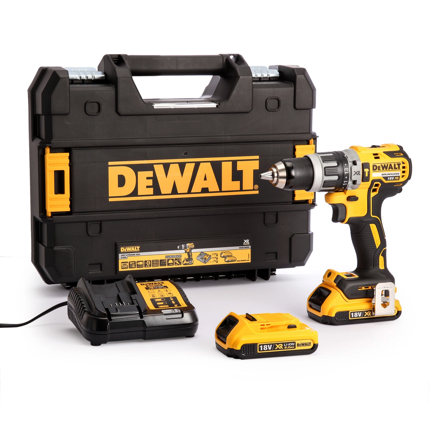 DeWALT DCD796D2 - Set de Perceuse visseuse à percussion à batteries 18V Li-Ion (2x batterie 2,0Ah) dans coffret - Moteur sans charbon-image